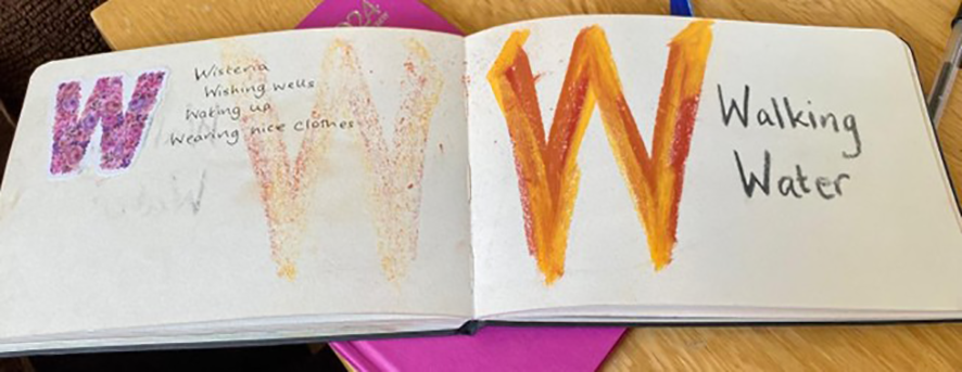 Photograph of an open sketchbook. On one page is a colourful W and writing ‘wisteria, wishing wells, waking up, wearing nice clothes’. On the other side is a painted W and writing ‘walking, water’.