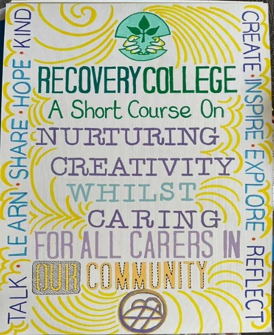 Photograph of a bright and colourful hand-painted poster with stencilled writing which says ‘talk-learn-share-hope-kind-create-inspire-explore-reflect’ around the edge, and ‘Recovery College, a short course on nurturing creativity whilst caring, for all carers in our community’ in the middle. Yellow swirls surround the text, the word ‘our’ is highlighted. There are two logos – the Restore logo and the ORC logo’.