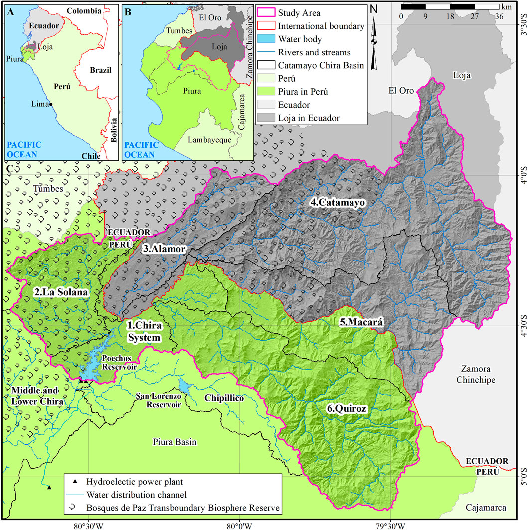 Map showing the Catamayo-Chira basin along the Peru-Ecuador border. Key areas include Chira System, La Solana, Alamor, Catamayo, Macará, and Quiroz. Features include international boundaries, rivers, reservoirs, hydroelectric power plants, and the Bosques de Paz Transboundary Biosphere Reserve. Insets highlight location context in South America.