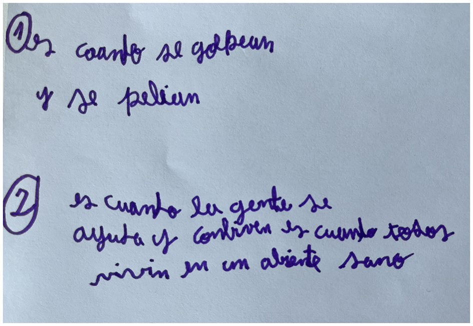 Handwritten text on paper with two numbered points. The first reads, “Es cuanto se golpean y se pelean.” The second states, “Es cuanto la gente se ayuda y convive es cuando todos viven en un ambiente sano.”