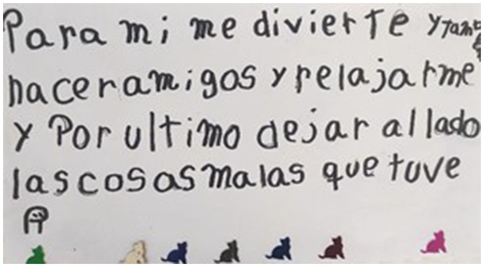 Handwritten text in Spanish reads: “Para mí, me divierte hacer amigos y relajarme y por último dejar a lado las cosas malas que tuve” with colorful silhouettes of cats at the bottom.