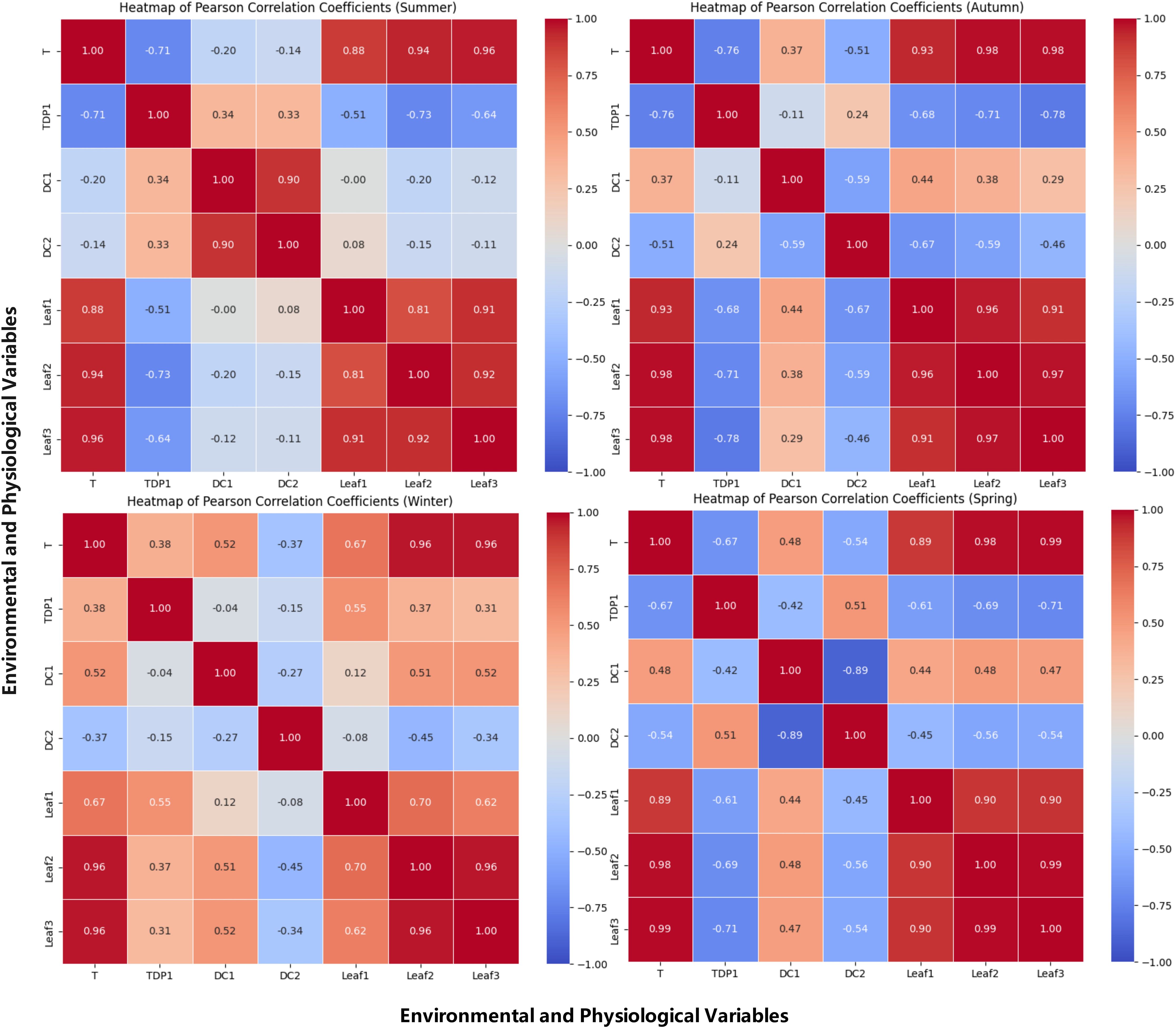 Four heatmaps showing Pearson Correlation Coefficients for different seasons: summer, autumn, winter, and spring. Each grid illustrates correlations between variables T, TDP1, DC1, DC2, Leaf1, Leaf2, and Leaf3. Color ranges from blue (negative correlation) to red (positive correlation), with numerical values indicating specific coefficient strength.