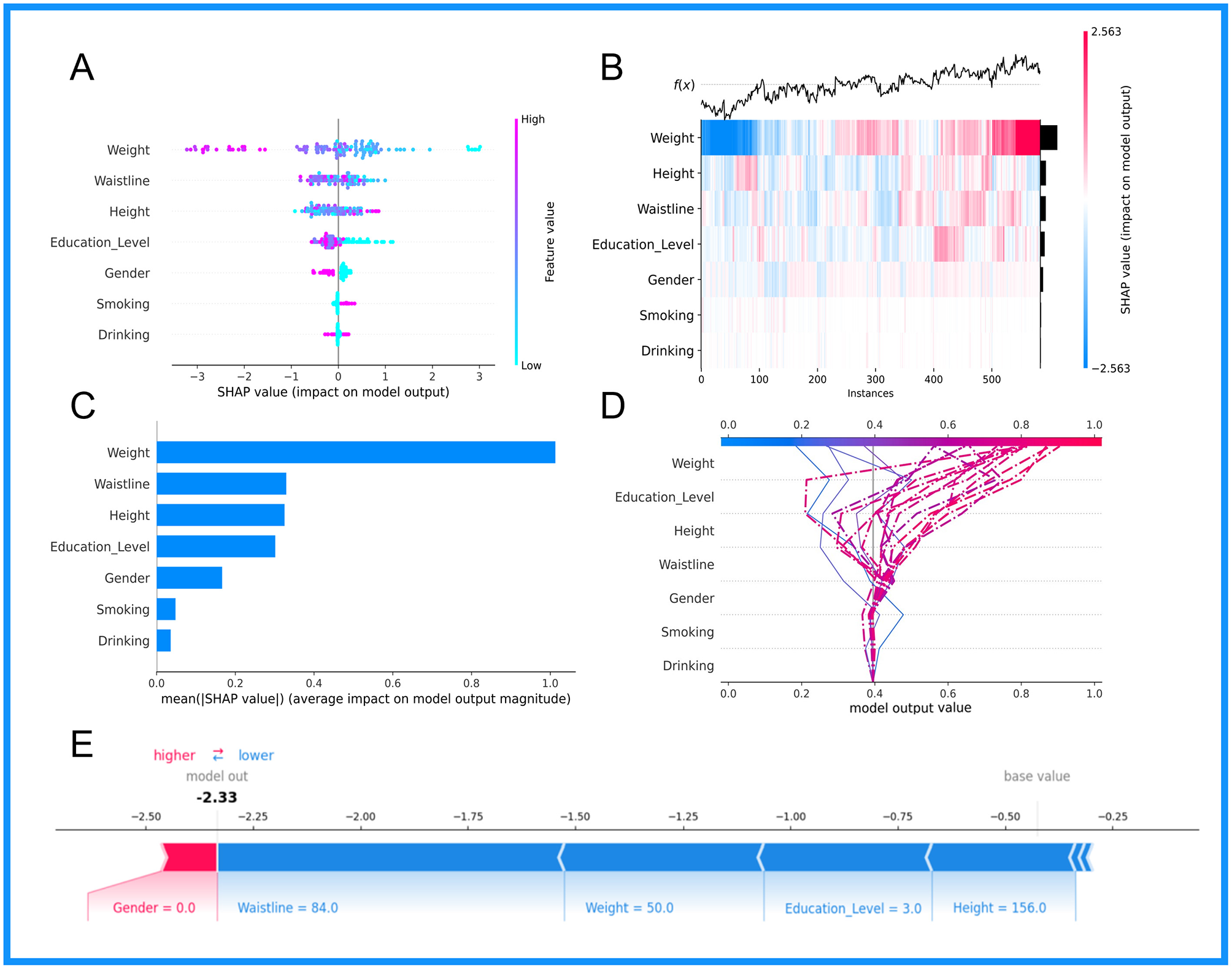 Five-panel image illustrating SHAP values for a model. Panel A is a summary plot showing feature impacts on model output, with color indicating feature value. Panel B is a heatmap of SHAP values across instances, highlighting the impact range. Panel C is a bar chart ranking features by average impact magnitude, with weight having the highest impact. Panel D is a dependence plot for weight, showing individual feature interactions. Panel E features a decision plot illustrating the model's prediction path with specific feature values noted.