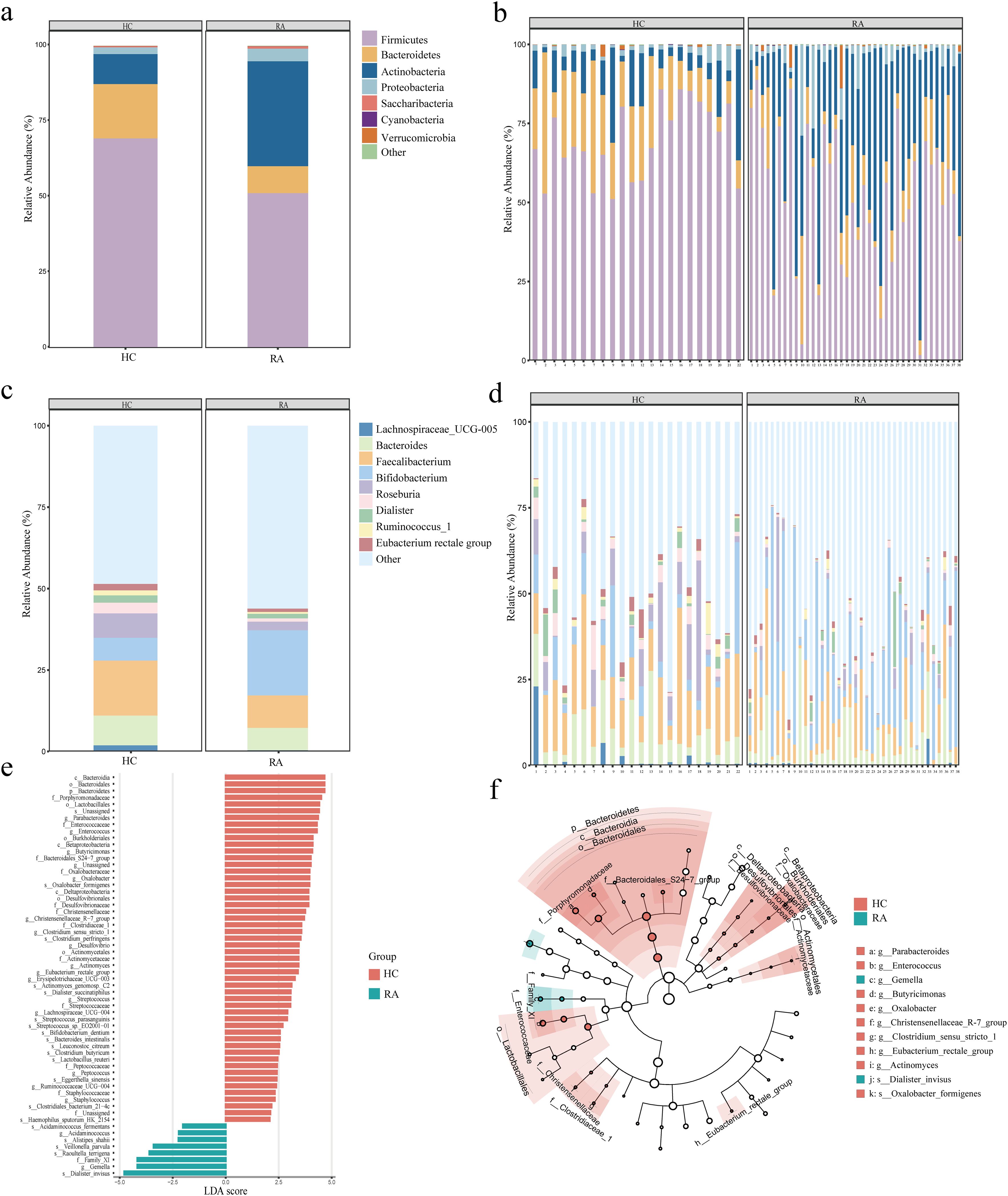 Grouped data visualizations include bar charts and a phylogenetic tree comparing microbial compositions between healthy controls (HC) and rheumatoid arthritis patients (RA). Panels a and c show stacked bar charts of relative abundance at different taxonomic levels. Panels b and d display detailed individual sample data. Panel e depicts LDA scores differentiating HC and RA groups. Panel f presents a cladogram highlighting specific taxa differences. Color coding distinguishes microbial groups and sample types.