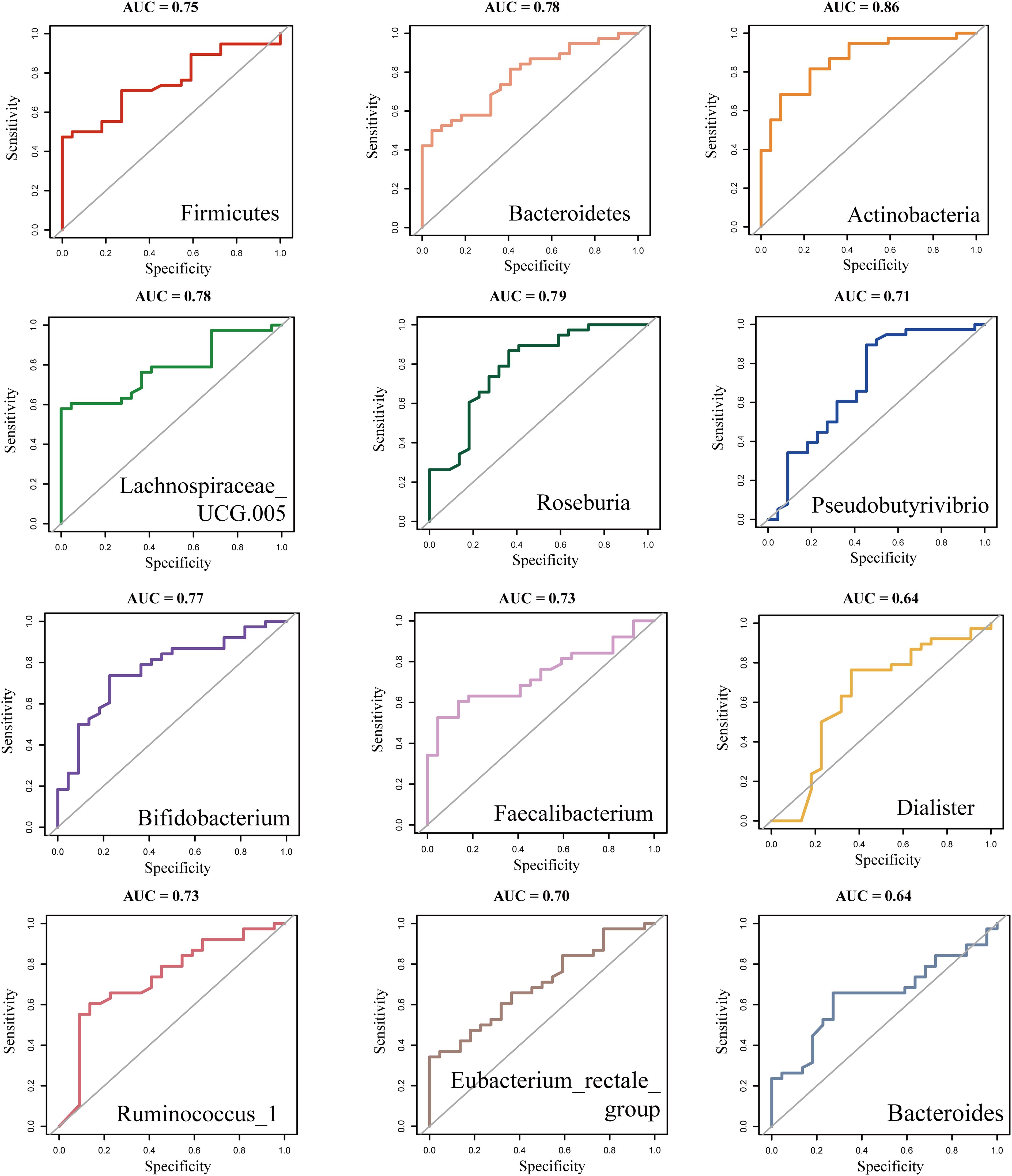 Nine ROC curves displaying sensitivity versus specificity for different bacterial taxa, each with an AUC value noted at the top. Taxa include Firmicutes, Bacteroidetes, Actinobacteria, Lachnospiraceae UCG.005, Roseburia, Pseudobutyrivibrio, Bifidobacterium, Faecalibacterium, Dialister, Ruminococcus_1, Eubacterium_rectale_group, and Bacteroides. A diagonal line indicates random performance.