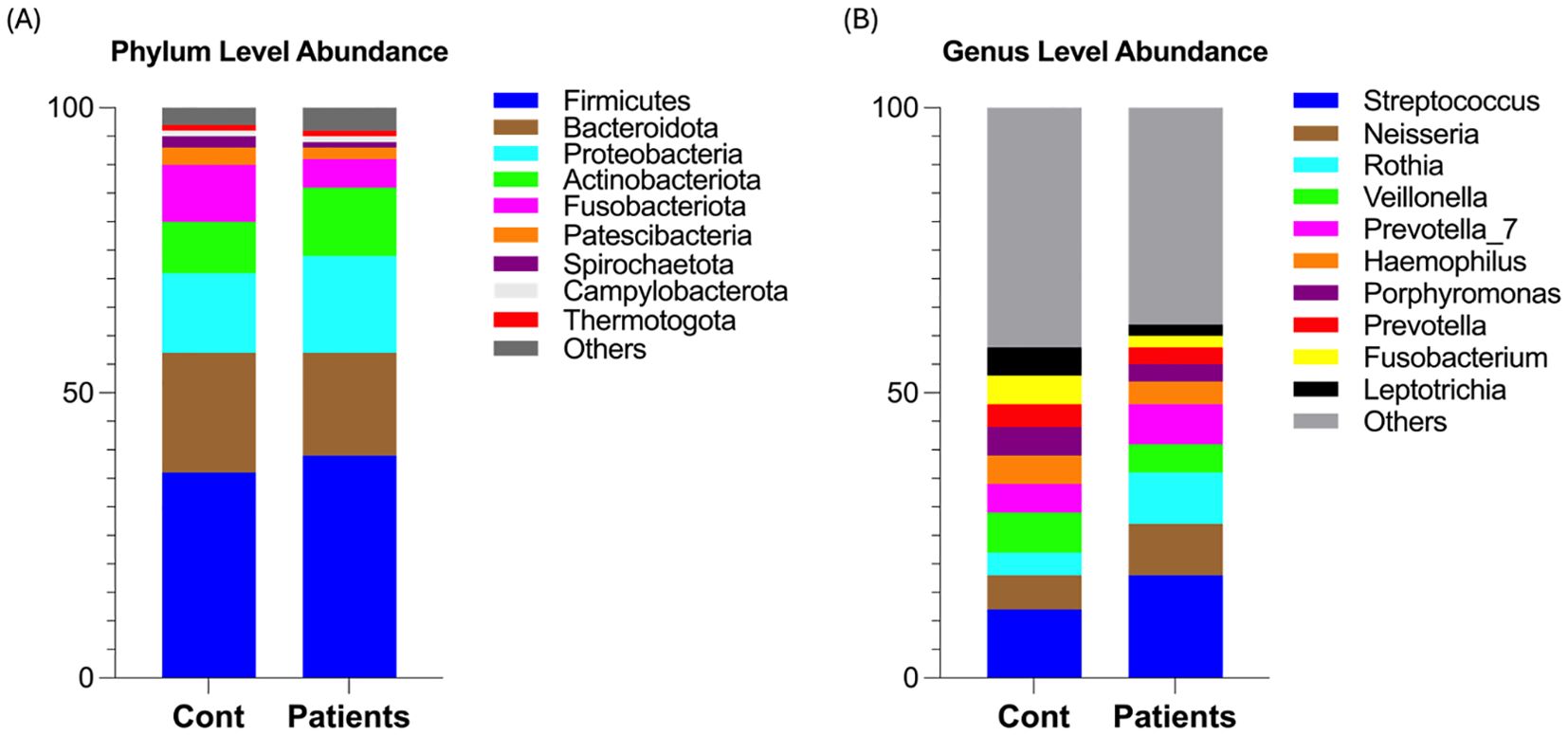 Bar charts compare bacterial abundance in control and patient groups. Panel A shows phylum-level abundance with categories like Firmicutes and Bacteroidota. Panel B displays genus-level abundance featuring Streptococcus and Neisseria. Each category is color-coded and listed in a legend.