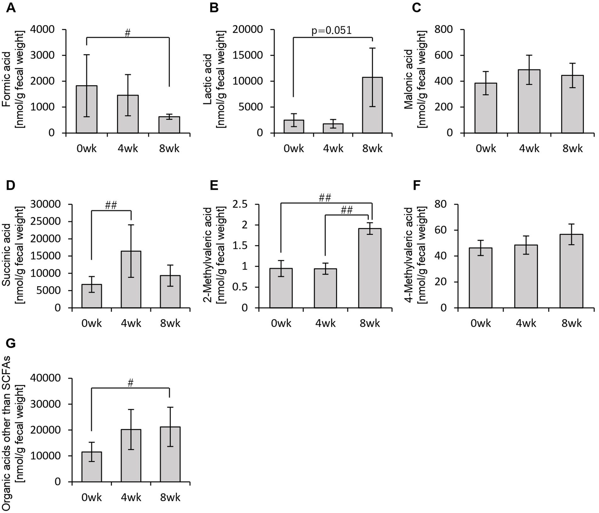 Bar charts A to G showing concentrations of various acids in fecal weight over 0, 4, and 8 weeks. Formic (A) shows a decrease, while lactic (B) shows an increase with significance. Malonic (C) remains stable. Succinic (D) and 2-Methylvaleric (E) show notable increases with significance. 4-Methylvaleric (F) remains stable. Organic acids excluding SCFAs (G) increase with significance. Error bars indicate variability.