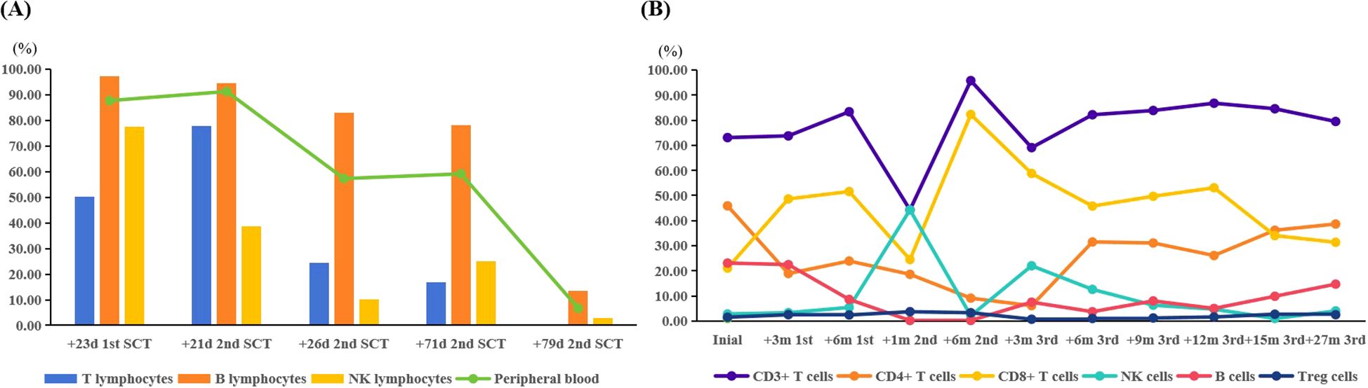 Panel A shows a bar graph illustrating changes in percentages of T, B, and NK lymphocytes and peripheral blood over five time points post-stem cell transplantation (SCT). Panel B displays a line graph showing the percentage trends over time for CD3+, CD4+, CD8+, NK, B, and Treg cells from initial to twenty-seven months post-third transplantation. Each cell type is color-coded for clarity.