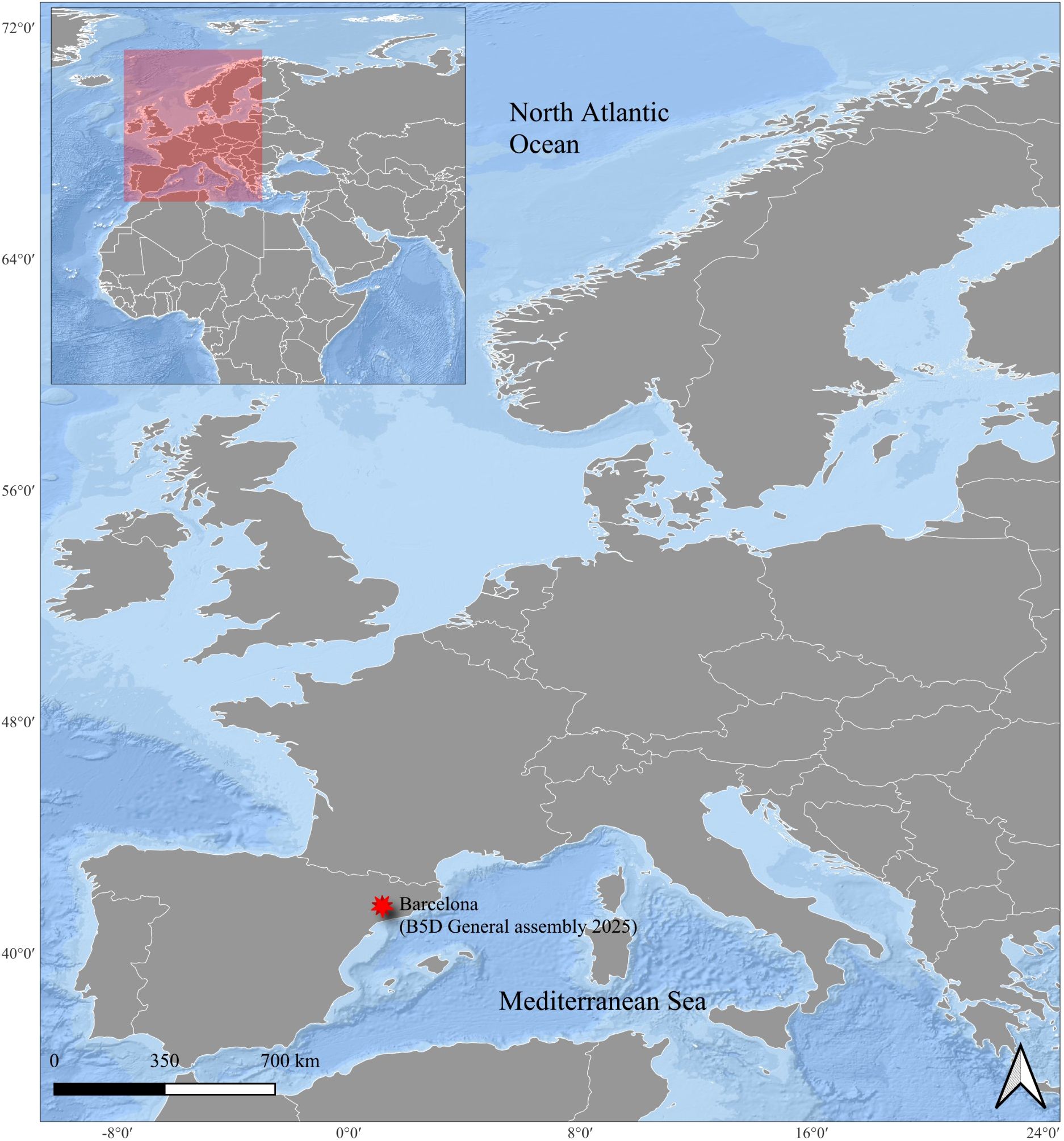 Map of Europe highlighting Barcelona with a red star for the B5D General Assembly 2025. The Mediterranean Sea and North Atlantic Ocean are labeled. An inset map shows the region's location in a global context.