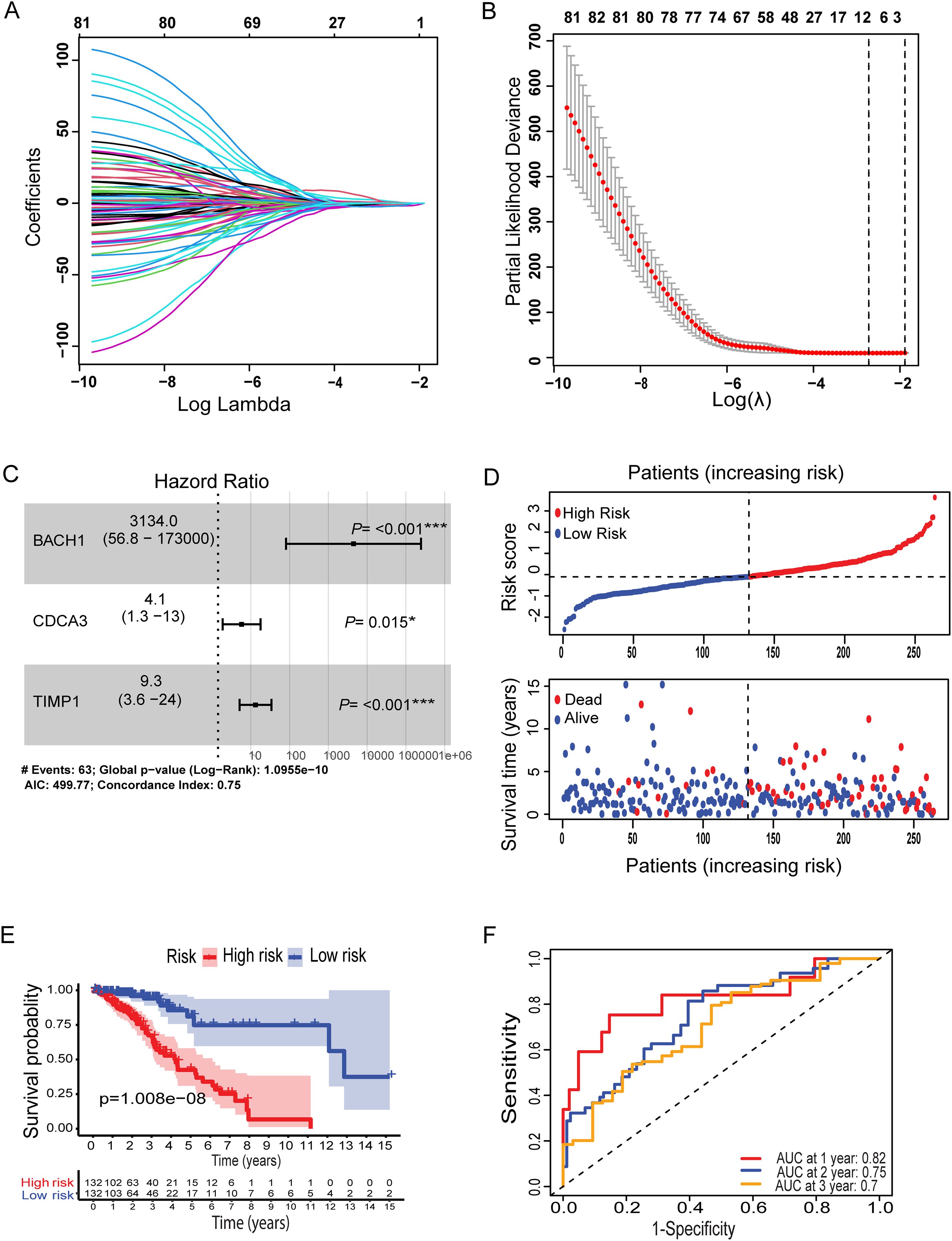 A series of six graphs related to statistical analysis and survival predictions. A: A coefficient path plot showing variable selection with varying log lambda values. B: A plot of partial likelihood deviance against log lambda, indicating model fit. C: A hazard ratio analysis for BACH1, CDCA3, and TIMP1. D: A risk score plot dividing patients into high and low risk, with a survival time scatterplot below. E: A Kaplan-Meier survival curve comparing high and low risk groups, showing survival probabilities over time. F: ROC curves for predicting sensitivity and specificity at one, two, and three years, with AUC values.