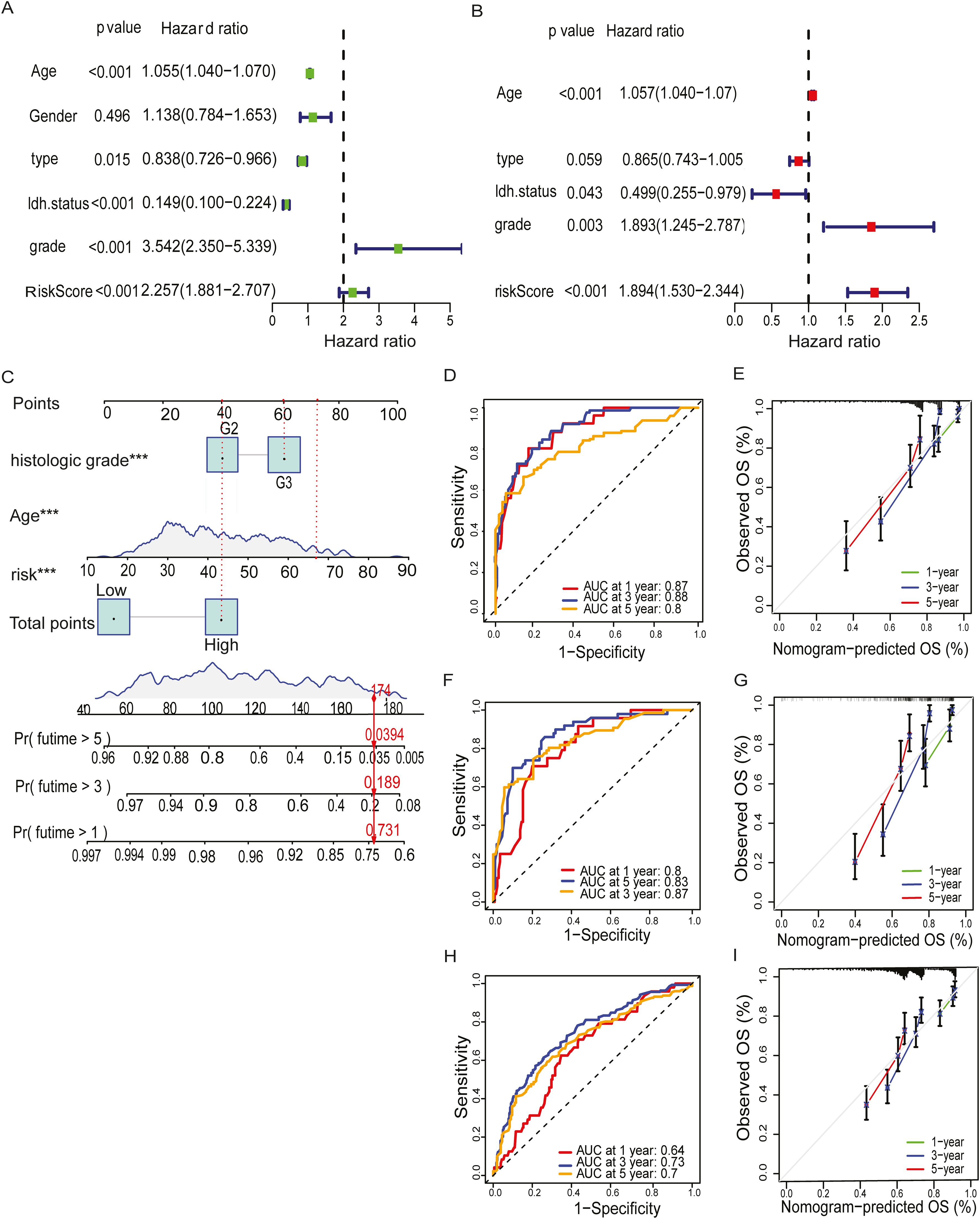 Composite image containing multiple panels with risk factor analyses and predictive modeling data. Panel A: Forest plot showing hazard ratios with values for age, gender, type, ldh.status, grade, and risk score. Panel B: Similar plot with different hazard ratio values. Panel C: Nomogram for predicting overall survival, indicating points based on histologic grade, age, and risk. Panels D, F, H: Receiver operating characteristic (ROC) curves with areas under the curve (AUC) for predictions at one, three, and five years. Panels E, G, I: Calibration plots comparing observed and nomogram-predicted overall survival over one, three, and five years.
