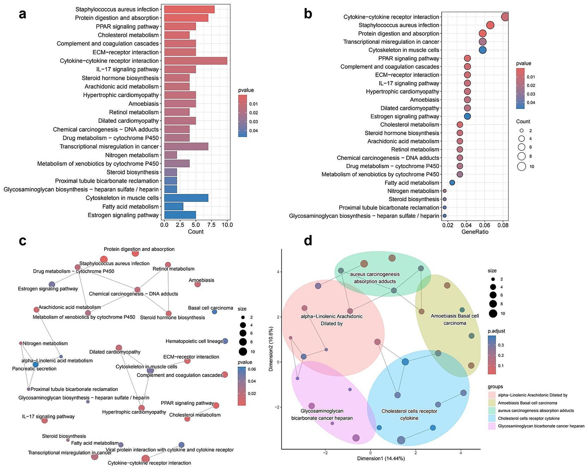 Panel a features a bar chart showing enrichment pathways with varying counts, color-coded by p-value. Panel b is a dot plot depicting gene ratios, where dot size indicates count and color shows p-value. Panel c is a network graph of pathways linked by p-value and dot size. Panel d presents a scatter plot with pathways clustered into groups, color-coded by adjusted p-value, dot size representing significance.