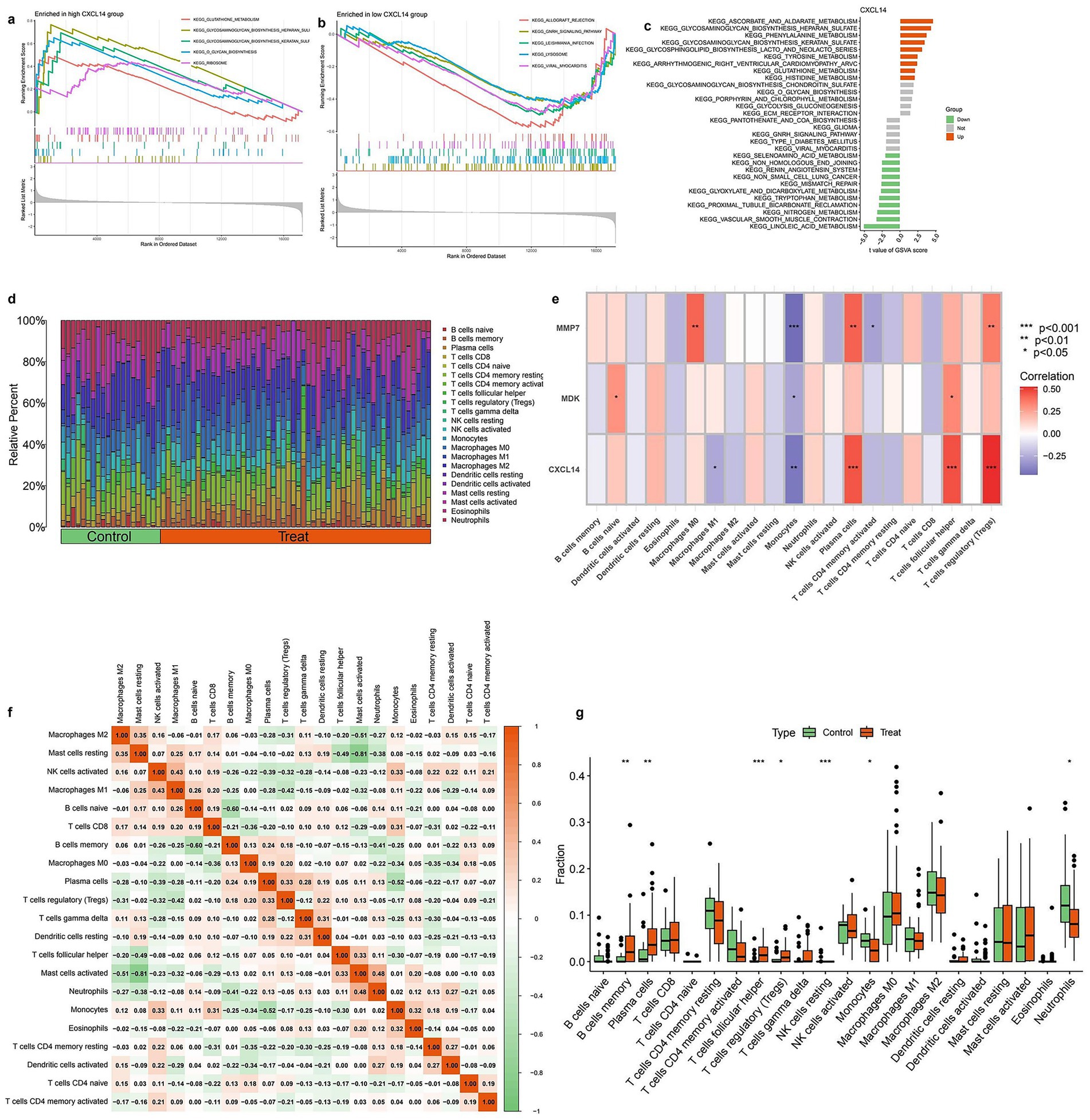A series of graphs and charts illustrating gene expression and immune cell composition analyses. Panels a and b show enrichment plots for high and low CXCL14 groups. Panel c displays a bar chart of normalized enrichment scores. Panel d is a stacked bar chart of immune cell composition in control and treatment groups. Panel e is a heatmap showing correlations between genes and immune cells. Panel f presents a correlation matrix for immune cell types. Panel g shows box plots comparing cell fractions between control and treatment groups.