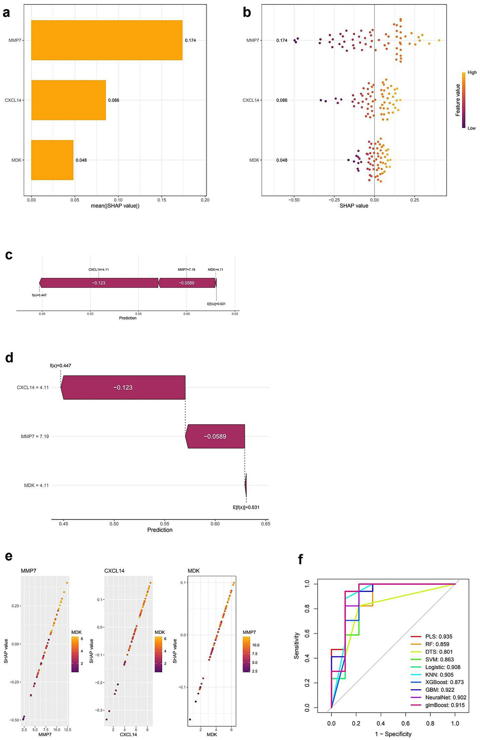 Panel a displays a bar graph showing mean SHAP values for MMP7, CXCL14, and MDK, with MMP7 having the highest value. Panel b is a scatter plot with SHAP values for the same features, color-coded by feature value. Panel c and d present waterfall charts illustrating prediction contributions for specific input values. Panel e includes scatter plots for SHAP values of MMP7, CXCL14, and MDK, with color gradients indicating feature value differences. Panel f features a ROC curve for various models, showing performance metrics, with glmBoost achieving the highest sensitivity and specificity.