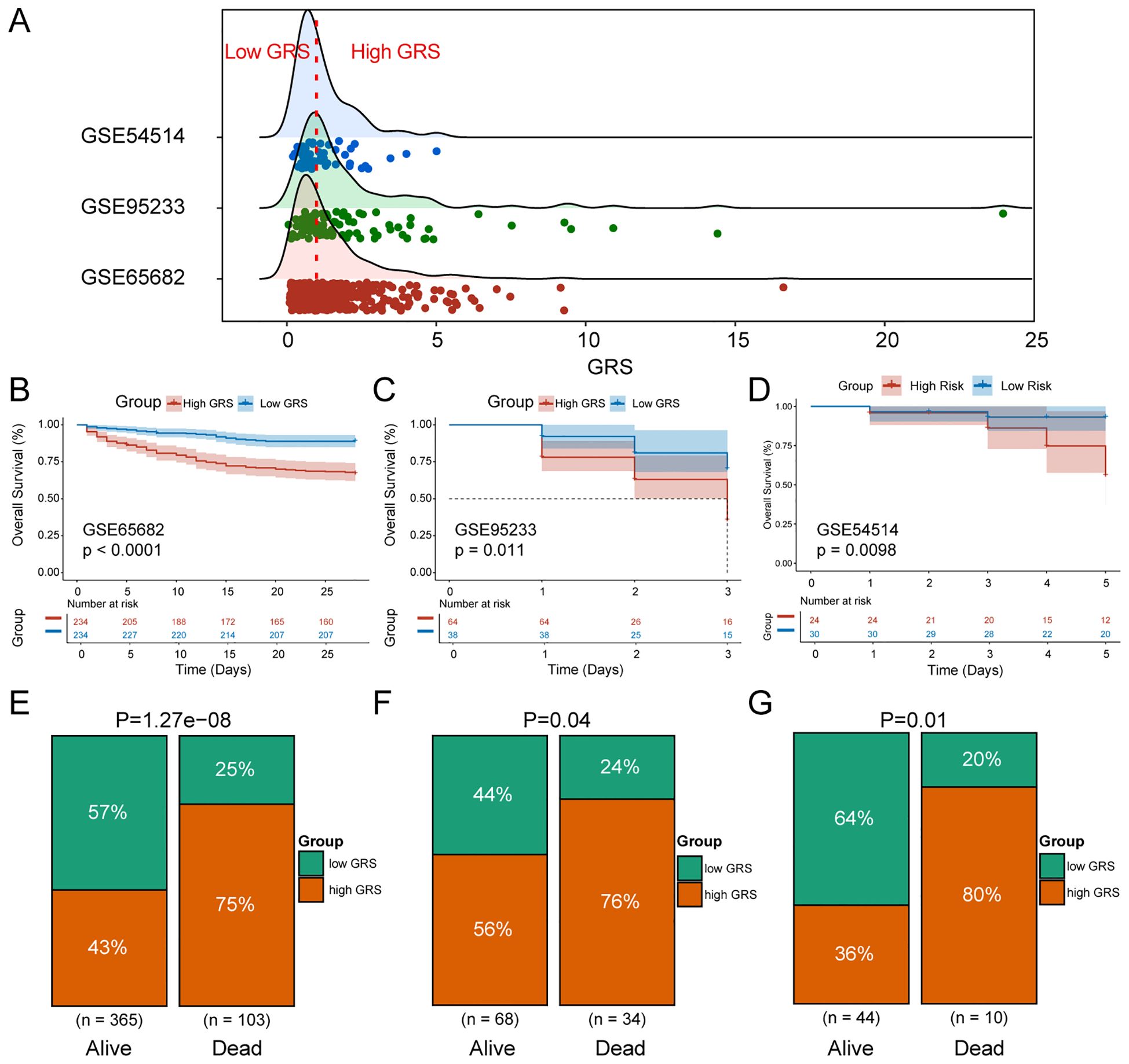 Panel A shows a scatter plot with three datasets (GSE54514, GSE95233, GSE65682) displaying high and low genetic risk scores (GRS). Panels B, C, and D are survival curves for each dataset, indicating overall survival with significant p-values (less than 0.05). Panels E, F, and G are bar charts comparing survival outcomes between high and low GRS groups, with p-values denoting statistical significance.