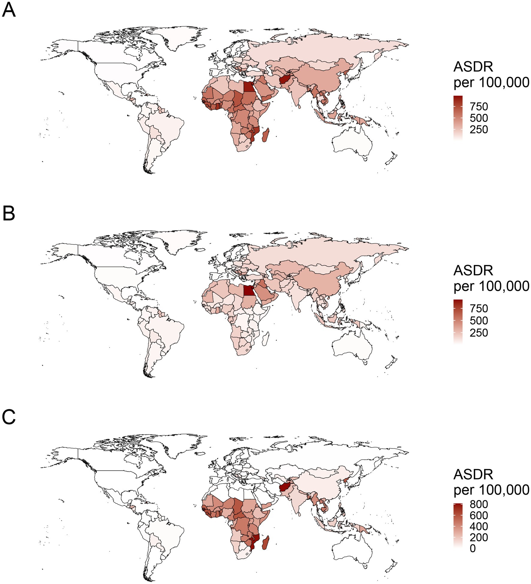World maps showing Age-Standardized Death Rates (ASDR) per 100,000 people. Panel A highlights regions with a range from light pink to dark red, indicating lower to higher ASDR. Panel B uses similar shades with slight variations in intensity. Panel C extends the scale to 800, featuring darker red spots, particularly in Africa and parts of Asia, indicating the highest ASDR.