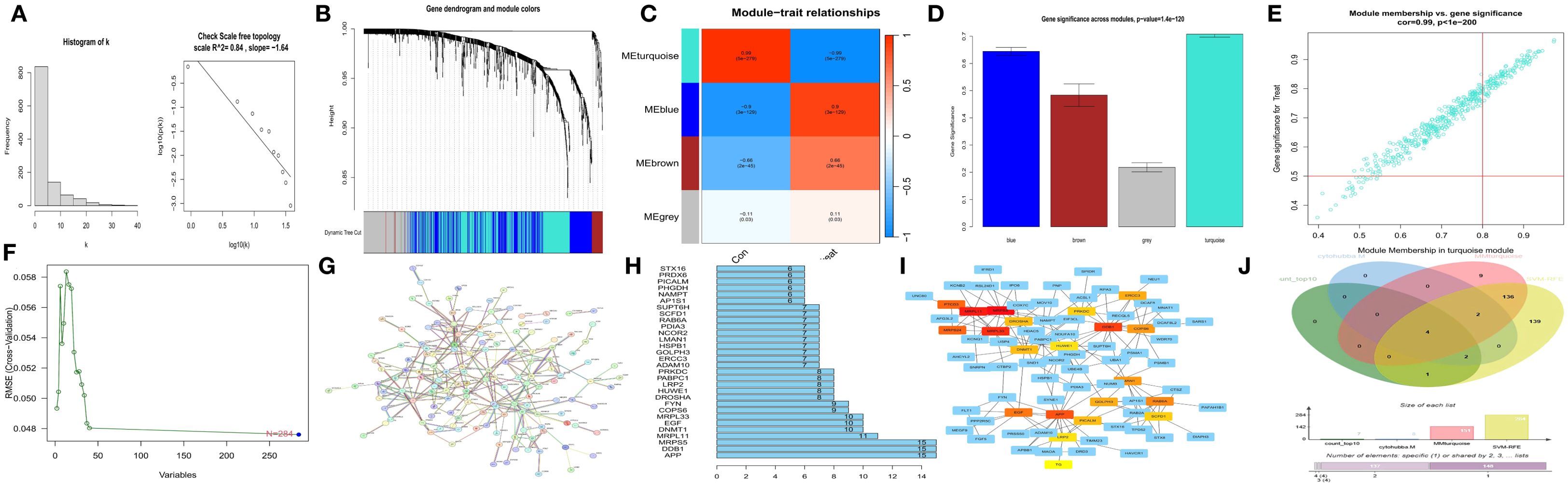 Set of visualizations for gene data analysis: A) Histogram and scatter plot illustrating scale-free topology. B) Gene dendrogram with color-coded modules. C) Heatmap showing module-trait relationships. D) Bar chart of gene significance across modules. E) Scatter plot correlating gene significance and module membership in turquoise. F) Line graph of RMSE versus variables for cross-validation. G) Network graph showing gene interactions. H) Bar chart of gene names and related data. I) Network graph highlighting gene connections with emphasized nodes. J) Venn diagram comparing gene list overlaps.