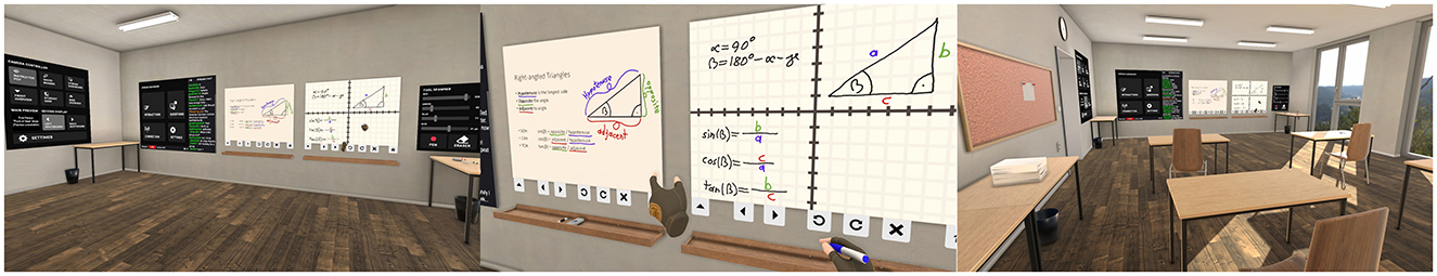 A virtual classroom setting with multiple interactive boards displaying mathematical diagrams and text on right-angled triangles. The room features wooden desks, chairs, and large windows providing a view outside.