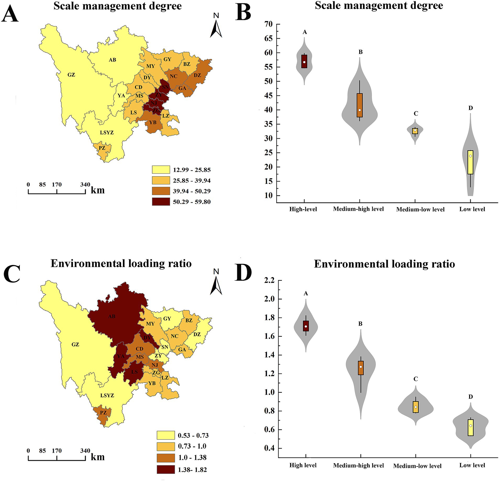 Map and graph comparison of two metrics across regions. Panel A and C show color-coded maps depicting