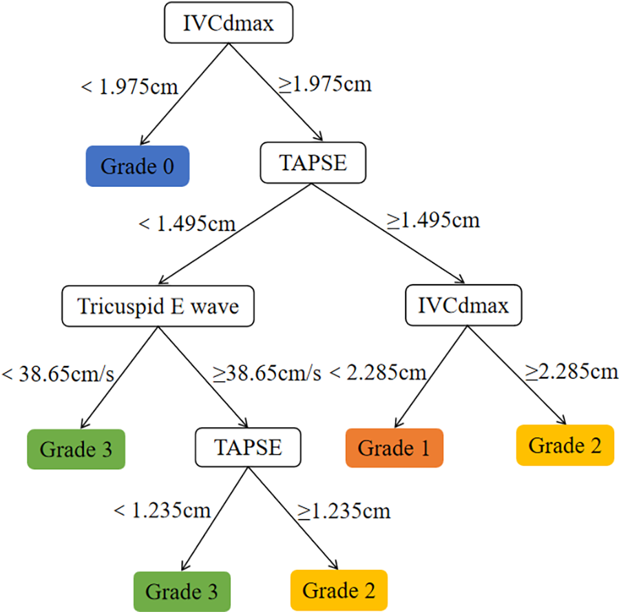 Flowchart for assessing grades based on IVCdmax and TAPSE measurements. Starting with IVCdmax, less than 1.975 cm leads to Grade 0. Greater than or equal to 1.975 cm progresses to TAPSE. Less than 1.495 cm assesses Tricuspid E wave. Less than 38.65 cm/s assigns Grade 3; greater or equal, assess TAPSE. Less than 1.235 cm results in Grade 3; greater or equal, Grade 2. If TAPSE is greater than or equal to 1.495 cm, reassess IVCdmax. Less than 2.285 cm assigns Grade 1; greater or equal, Grade 2.