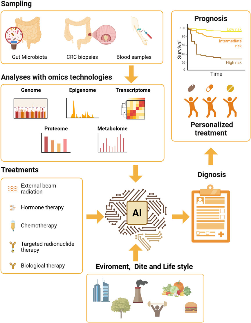 Diagram illustrating a process for personalized cancer treatment. It includes sampling (gut microbiota, CRC biopsies, blood samples) analyzed with omics technologies (genome, epigenome, transcriptome, proteome, metabolome). Prognosis is determined by survival charts indicating risk levels. Treatments (radiation, hormone, chemotherapy, targeted radionuclide, biological therapy) and environmental factors are considered. An AI system integrates data for diagnosis and personalized treatment plans.