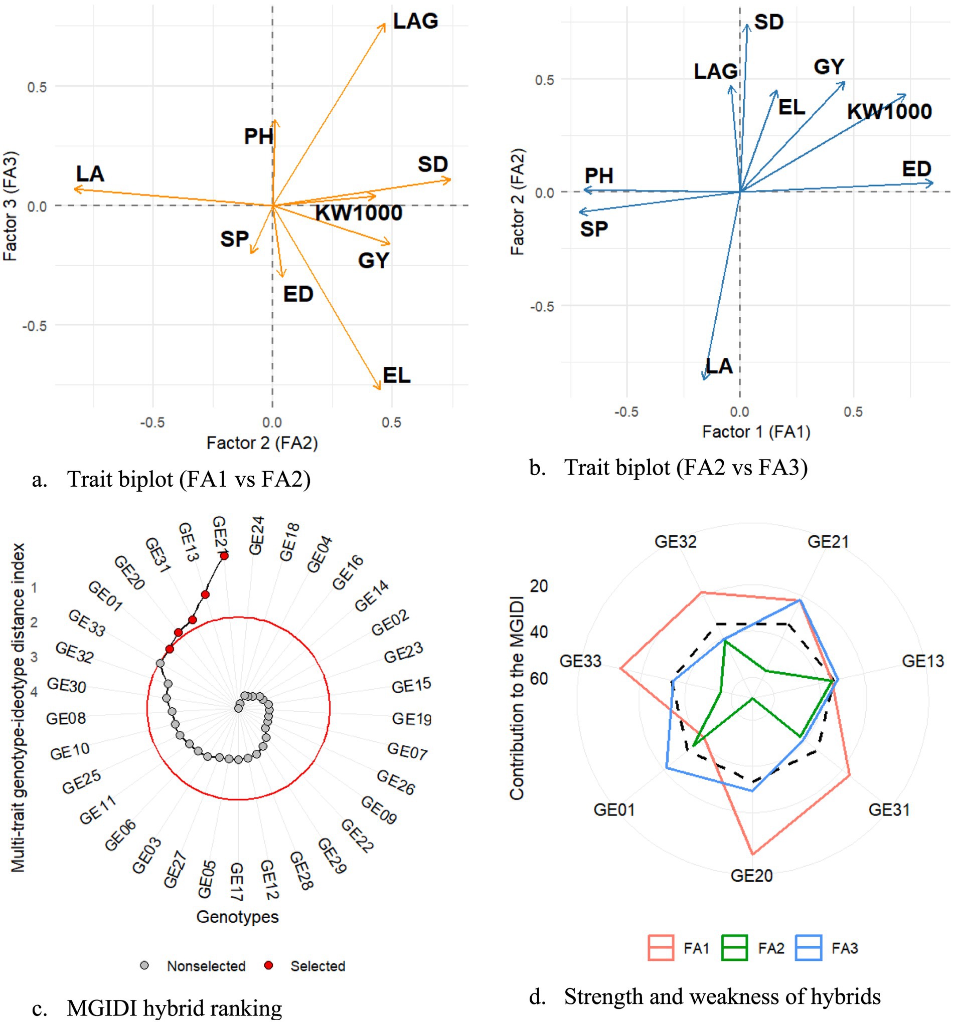 a. Trait biplot comparing Factor 1 and Factor 2, showing traits like LA, SP, PH, and GY. b. Trait biplot comparing Factor 2 and Factor 3, with traits like LAG, KW1000, and ED. c. Circular plot of MGIDI hybrid ranking with genotypes GE01 to GE33, highlighting selected genotypes in red. d. Radar chart illustrating strength and weakness of hybrids across GE01 to GE33 for Factor 1, Factor 2, and Factor 3.