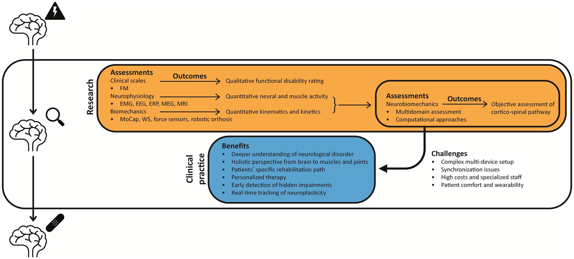 Flowchart illustrating the integration of research and clinical practice for neurological assessment. Research involves clinical scales, neurophysiology, and biomechanics, leading to outcomes like qualitative disability ratings and quantitative muscle activity. Clinical practice benefits include deeper understanding of disorders and personalized therapy. Challenges include complex setup and high costs.