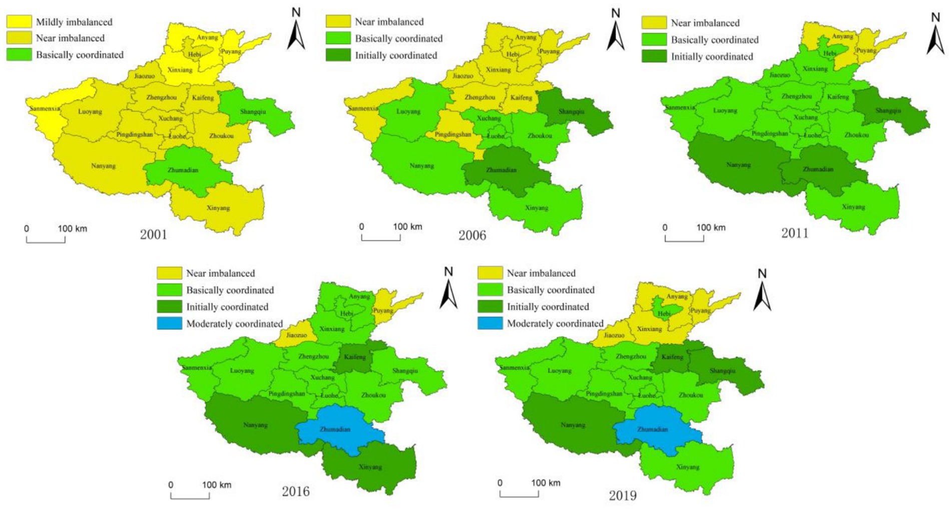 Maps of a region from 2001, 2006, 2011, 2016, and 2019 show development stages: