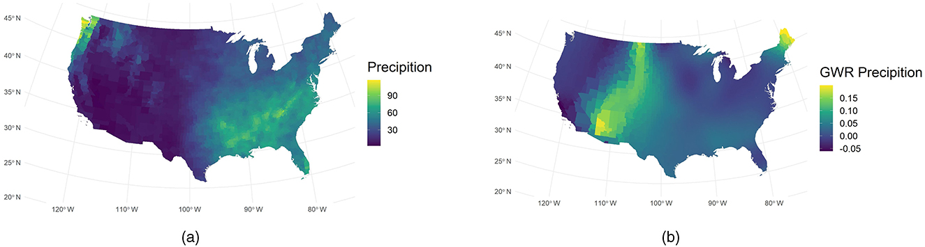 Map images of the contiguous United States showing precipitation data. Image (a) displays precipitation levels using a color gradient from purple to yellow, representing low to high values, with legends indicating 30 to 90 units. Image (b) illustrates GWR precipitation variation using similar colors, with legends ranging from negative 0.05 to 0.15. Both maps include latitude and longitude markers