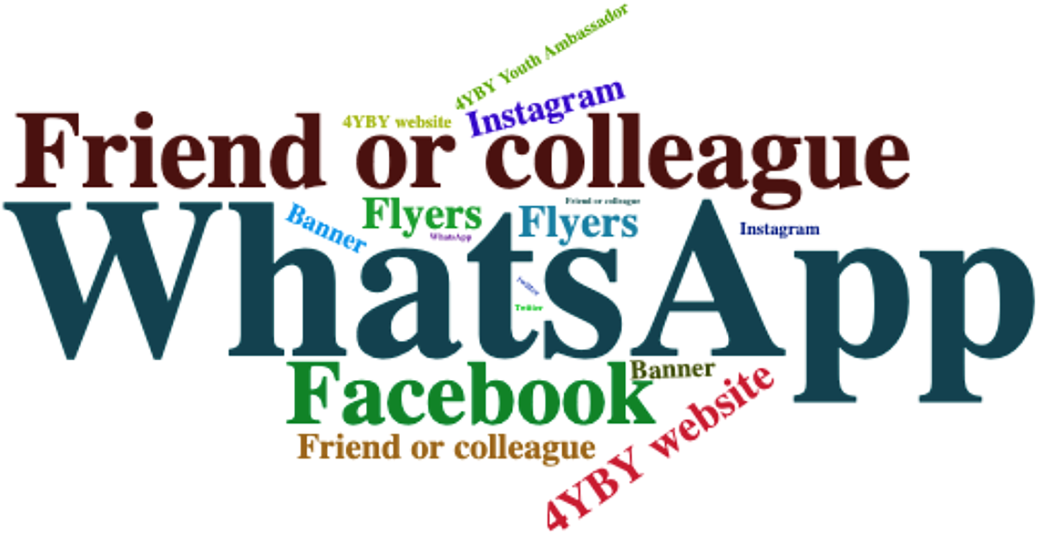 Word cloud featuring words like \"WhatsApp\", \"Friend or colleague\", \"Facebook\", \"Instagram\", \"Flyers\", \"Banner\", and \"4YBY website\". The words vary in size and color, indicating their prominence or frequency.
