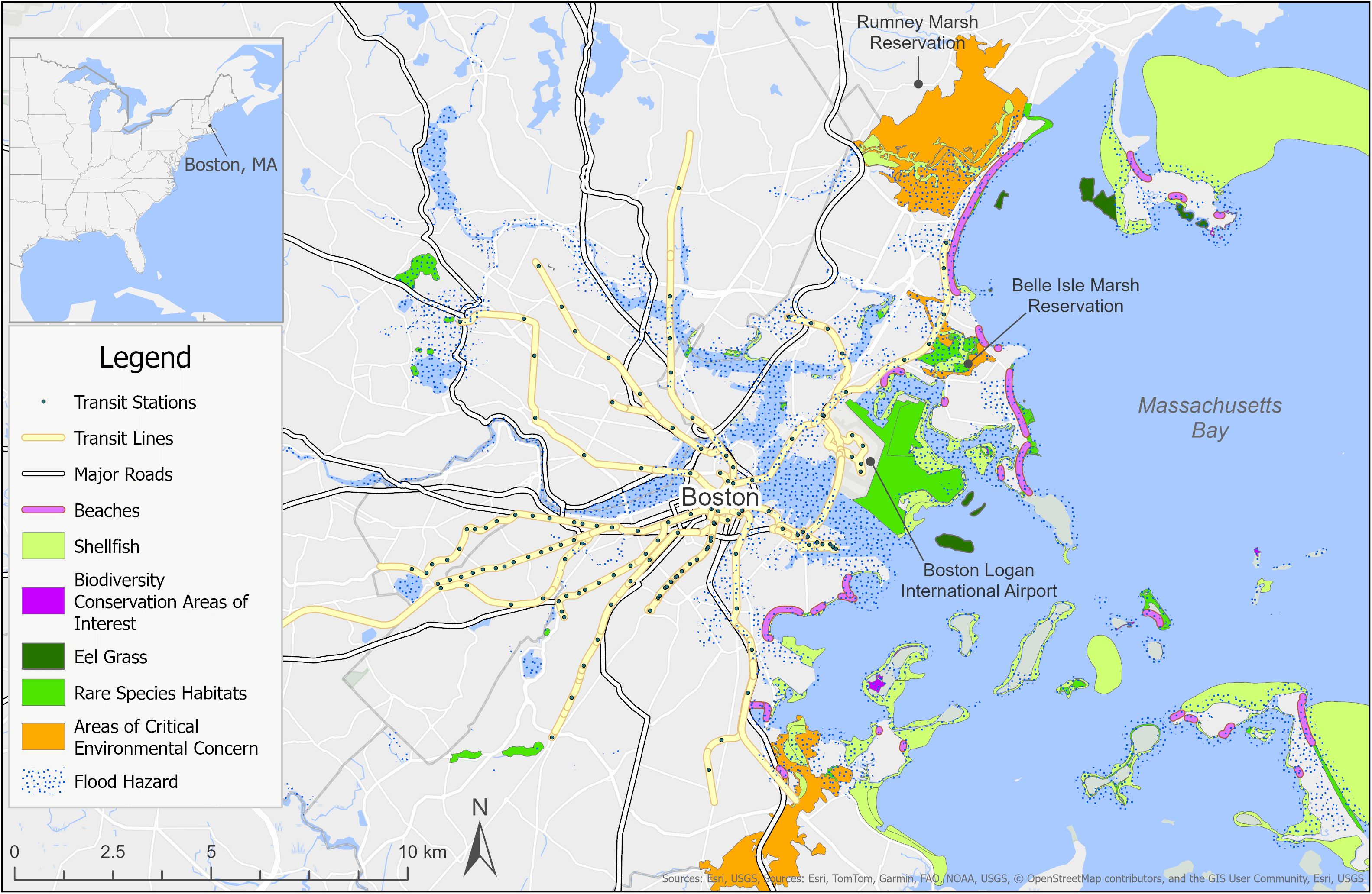 Map of Boston and surrounding areas highlighting features such as transit stations and lines, major roads, beaches, shellfish areas, biodiversity conservation areas, eel grass, rare species habitats, and areas of critical environmental concern. It also indicates flood hazards and includes landmarks like Belle Isle Marsh and Boston Logan International Airport. A legend shows symbols and colors representing each feature.