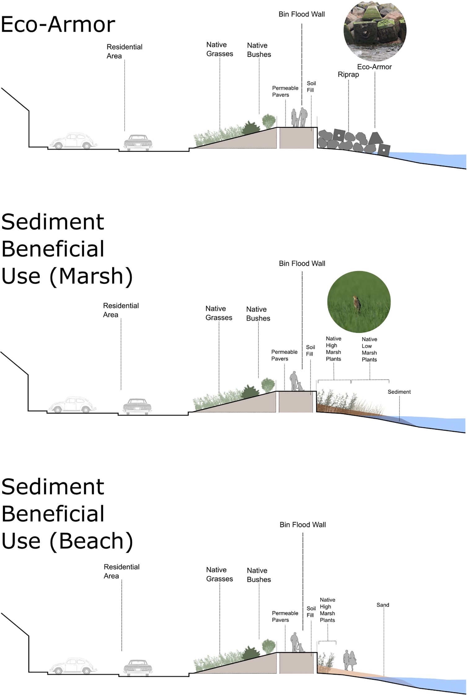 Three diagrams compare different shoreline protection methods. The top shows “Eco-Armor” with a section labeled native plants and Eco-Armor riprap. The middle, “Sediment Beneficial Use (Marsh)”, includes native marsh plants. The bottom, “Sediment Beneficial Use (Beach)”, highlights sand and native plants. Each has a residential area, grasses, bushes, a bin flood wall, and soil fill, illustrating natural and structural elements.