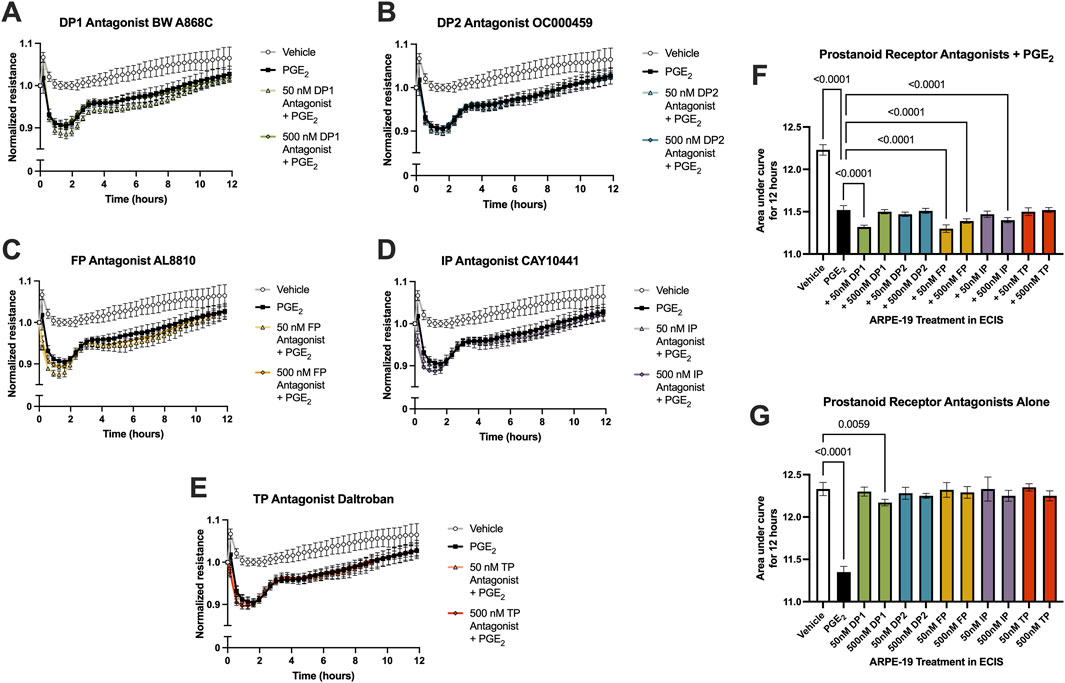 Graphs A to E show normalized resistance over 12 hours with prostanoid receptor antagonists and PGE₂ treatments at various concentrations. Graph F displays bar charts comparing the area under the curve for these treatments, highlighting significant differences. Graph G shows bar charts for prostanoid receptor antagonists alone. Each bar chart includes significance indicators for specific comparisons.