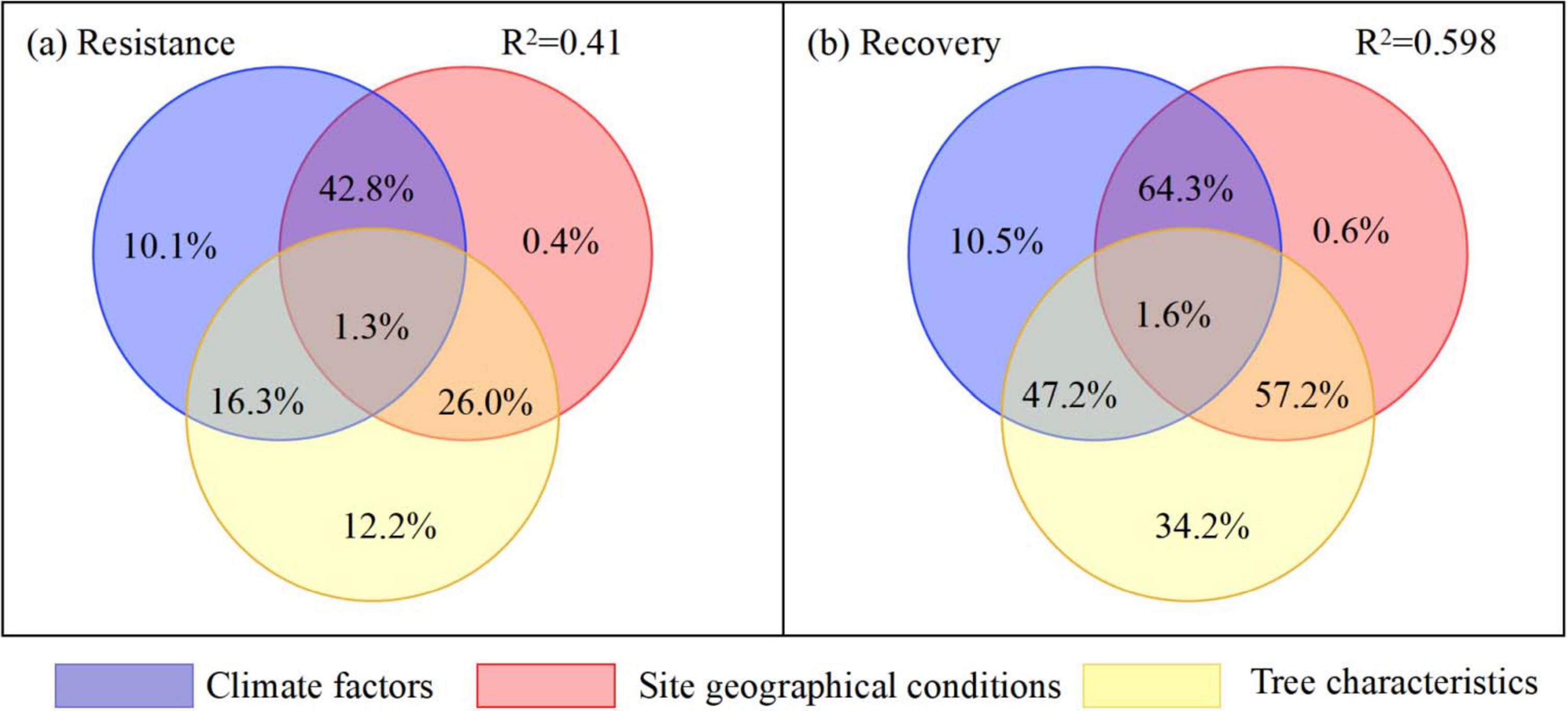 Two Venn diagrams compare the effects of factors on resistance and recovery. Diagram (a) shows resistance with R²=0.41. Overlapping areas indicate contributions: climate factors 10.1%, site geographical conditions 0.4%, and tree characteristics 12.2%, with shared influences. Diagram (b) shows recovery with R²=0.598. Overlaps show climate factors 10.5%, site conditions 0.6%, and tree characteristics 34.2%. Shared influences include climate, site, and tree factors.