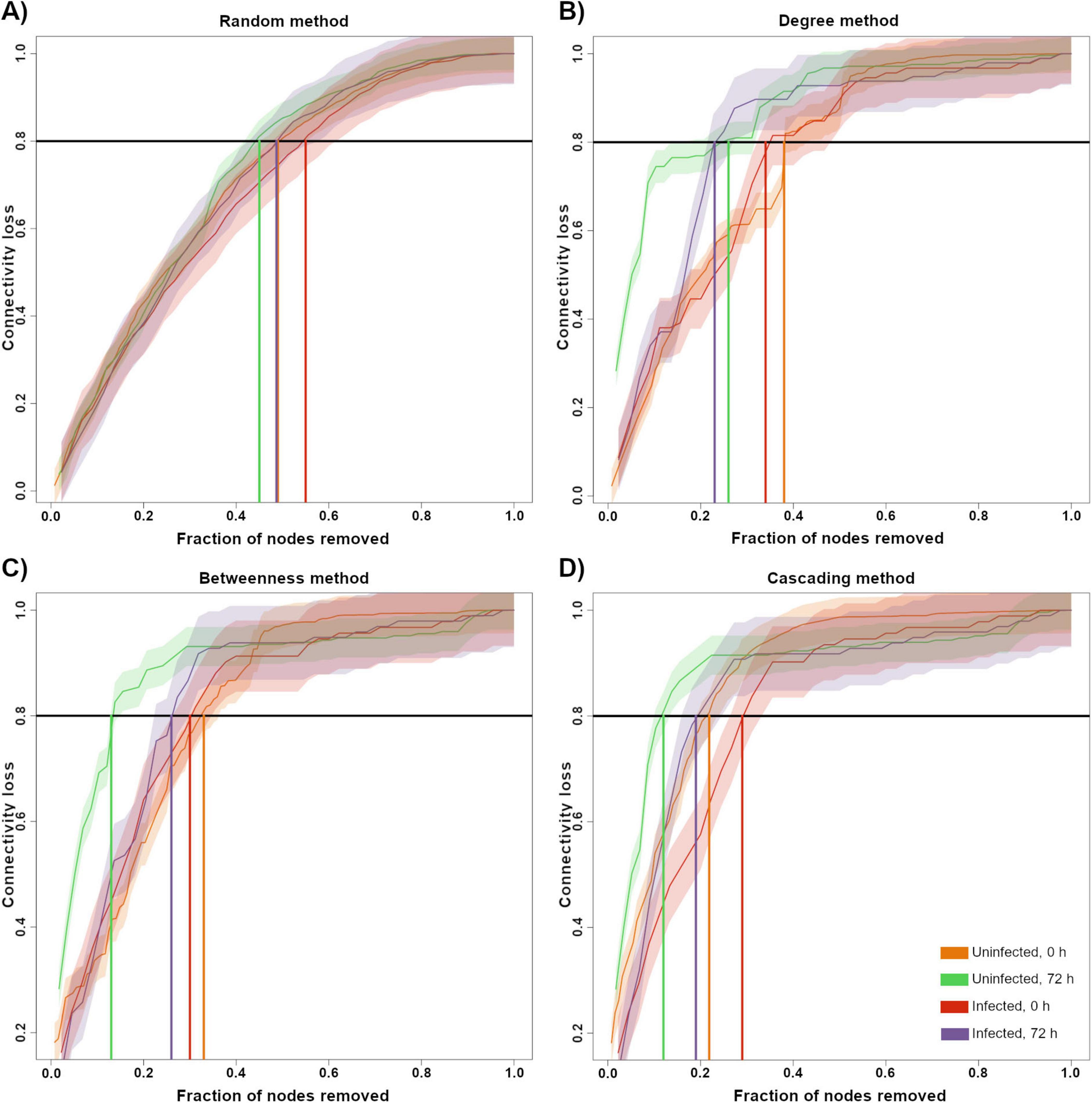 Figure showing connectivity loss in microbial networks from Rhipicephalus microplus midgut under different conditions and node removal strategies. Panels A–D plot connectivity loss versus fraction of nodes removed using: (A) Random, (B) Degree, (C) Betweenness, and (D) Cascading methods. Each panel includes four lines: uninfected 0H (orange), uninfected 72H (green), infected 0H (purple), and infected 72H (red), with shaded areas indicating variability. Horizontal black lines mark 80% connectivity loss; vertical lines show the node removal fraction required to reach this threshold. The figure highlights differential network resilience across time and infection status depending on removal strategy.