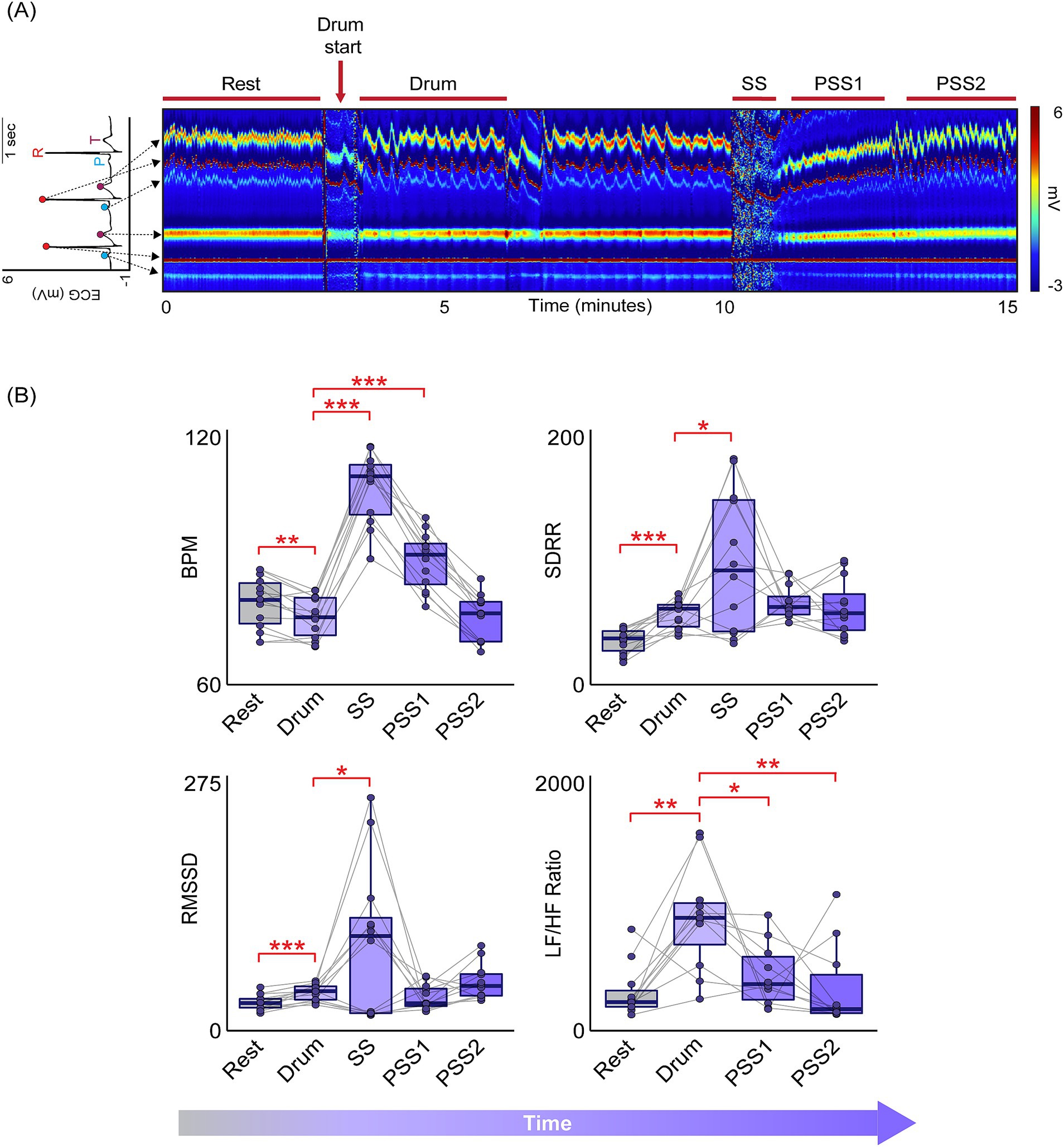 Panel A shows a heat map illustrating changes in the electrocardiogram over 15 minutes with marked phases: Rest, Drum, SS, PSS1, and PSS2. Panel B displays four box plots comparing BPM, SDRR, RMSSD, and LF/HF Ratio across these phases, highlighting significant differences with asterisks.