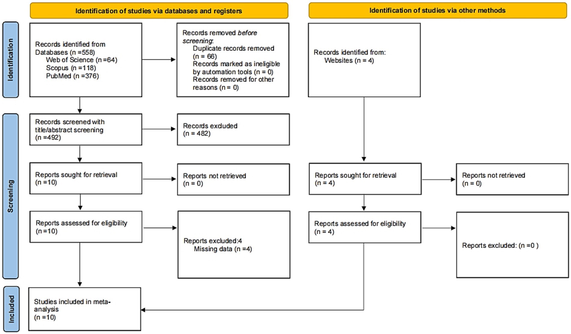 Flowchart depicting the identification and screening of studies through databases and other methods for inclusion in a meta-analysis. From databases: 558 records identified, 66 duplicates removed, 492 screened, 482 excluded. Ten reports sought, all assessed for eligibility with four excluded for missing data, resulting in ten studies included. From other methods: four records identified, all sought and assessed, with none excluded.