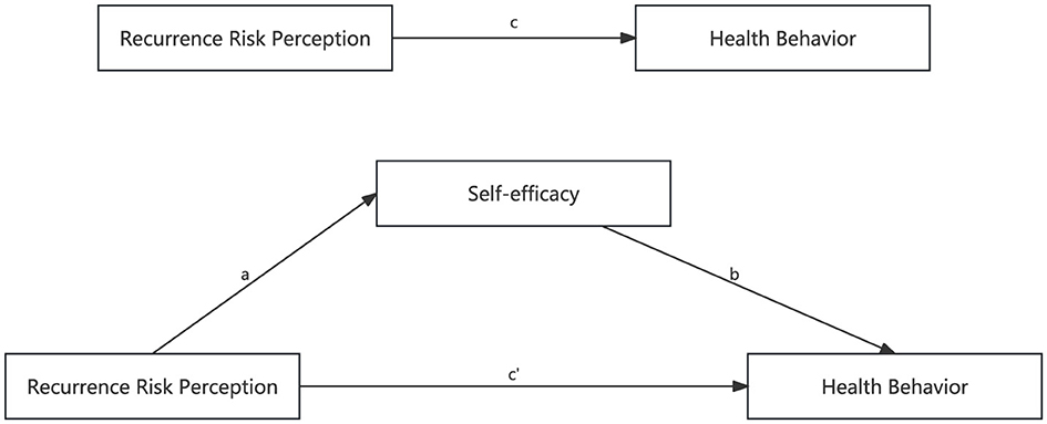 Flowchart illustrating the relationship between recurrence risk perception and health behavior. The top diagram shows a direct arrow labeled ‘c’ from recurrence risk perception to health behavior. The bottom diagram adds self-efficacy as a mediating factor. Arrows labeled ‘a’ and ‘b’ point from recurrence risk perception to self-efficacy and from self-efficacy to health behavior, respectively, with an arrow labeled ‘c’ directly linking recurrence risk perception to health behavior.
