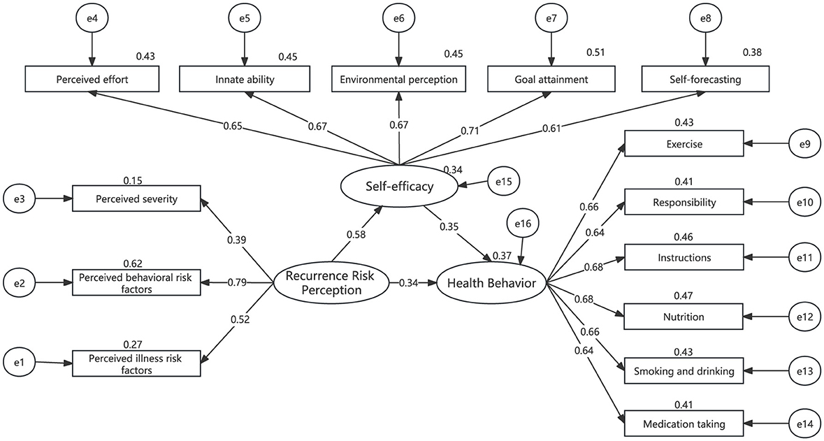 Diagram depicting the relationships between various factors influencing self-efficacy, recurrence risk perception, and health behavior. Perceived effort, innate ability, environmental perception, goal attainment, and self-forecasting contribute to self-efficacy. Self-efficacy influences health behavior and recurrence risk perception. Health behaviors like exercise, responsibility, instructions, nutrition, smoking and drinking, and medication taking are also shown with respective influence paths.