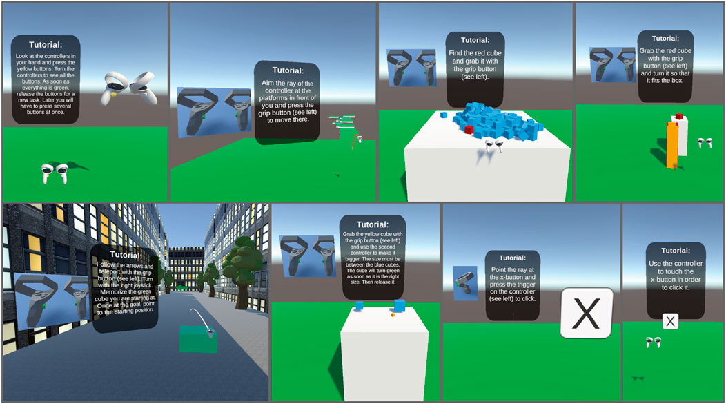 The figure consists of eight screenshots. The screenshots display the implementation of the eight tasks of the VR competence assessment tool: pressing specific buttons on a game controller, teleporting through a virtual environment, selecting a cube by grabbing it, rotating and translating a cube, orientation in a virtual environment, scaling a cube , selecting a panel using raycast and touching panels.