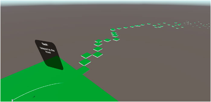A virtual environment with a series of green platforms leading into the distance. A sign reads