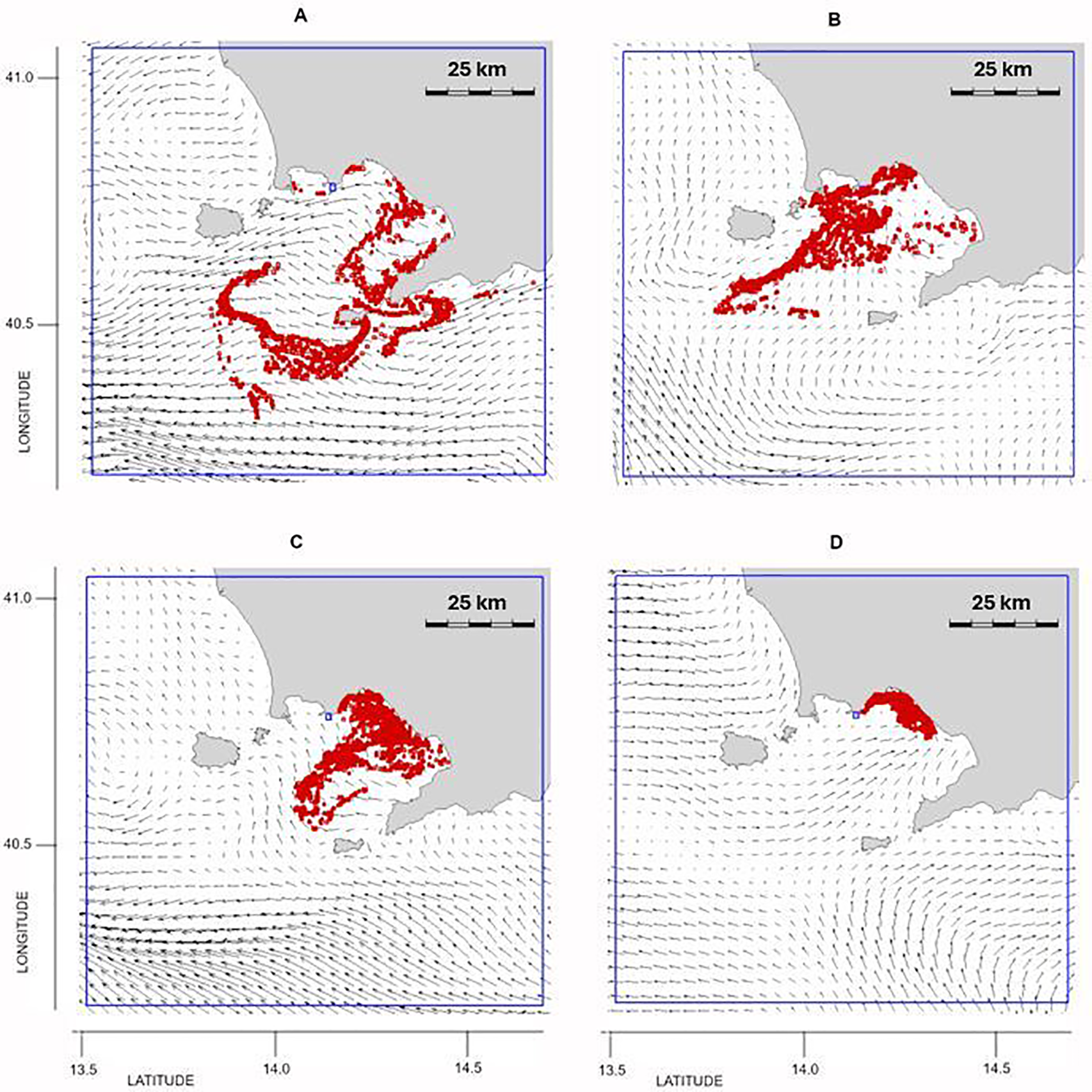 Four maps labeled A, B, C, and D show geographical areas with directional arrows indicating wind or current flow. Red areas highlight specific regions within each map. Each map includes a scale bar of twenty-five kilometers, with axes labeled for latitude and longitude.