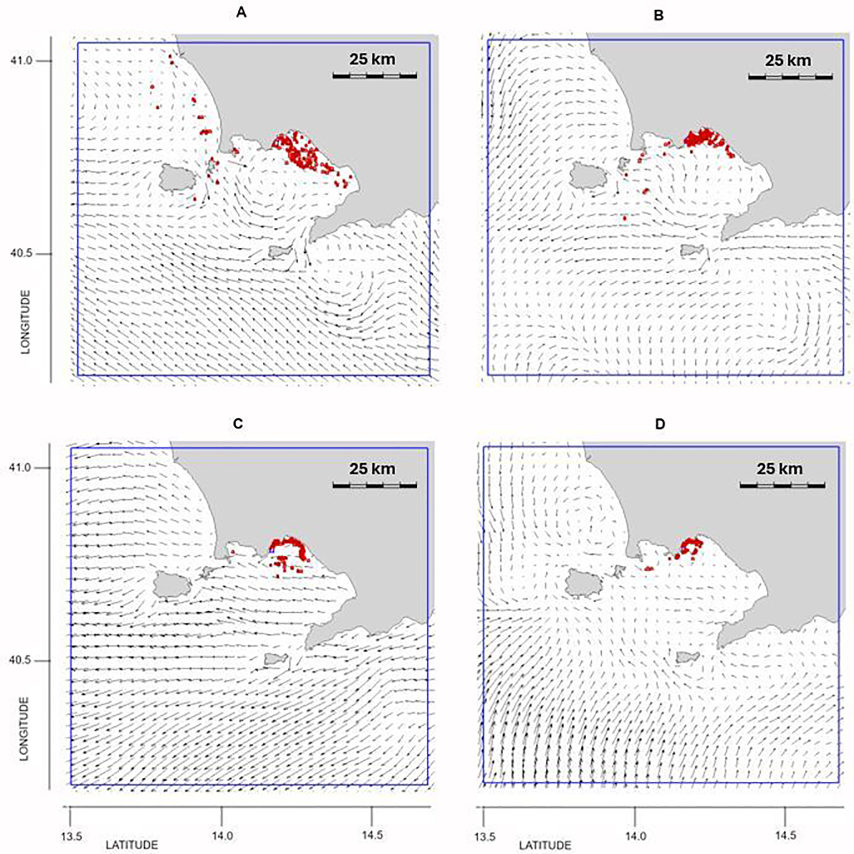 Four maps labeled A, B, C, and D show wind patterns over a coastal region. Arrows indicate wind direction and speed, while red dots mark specific areas of interest near land. Each map includes a scale bar indicating twenty-five kilometers. The maps differ in the distribution of red dots, illustrating changes across the panels.