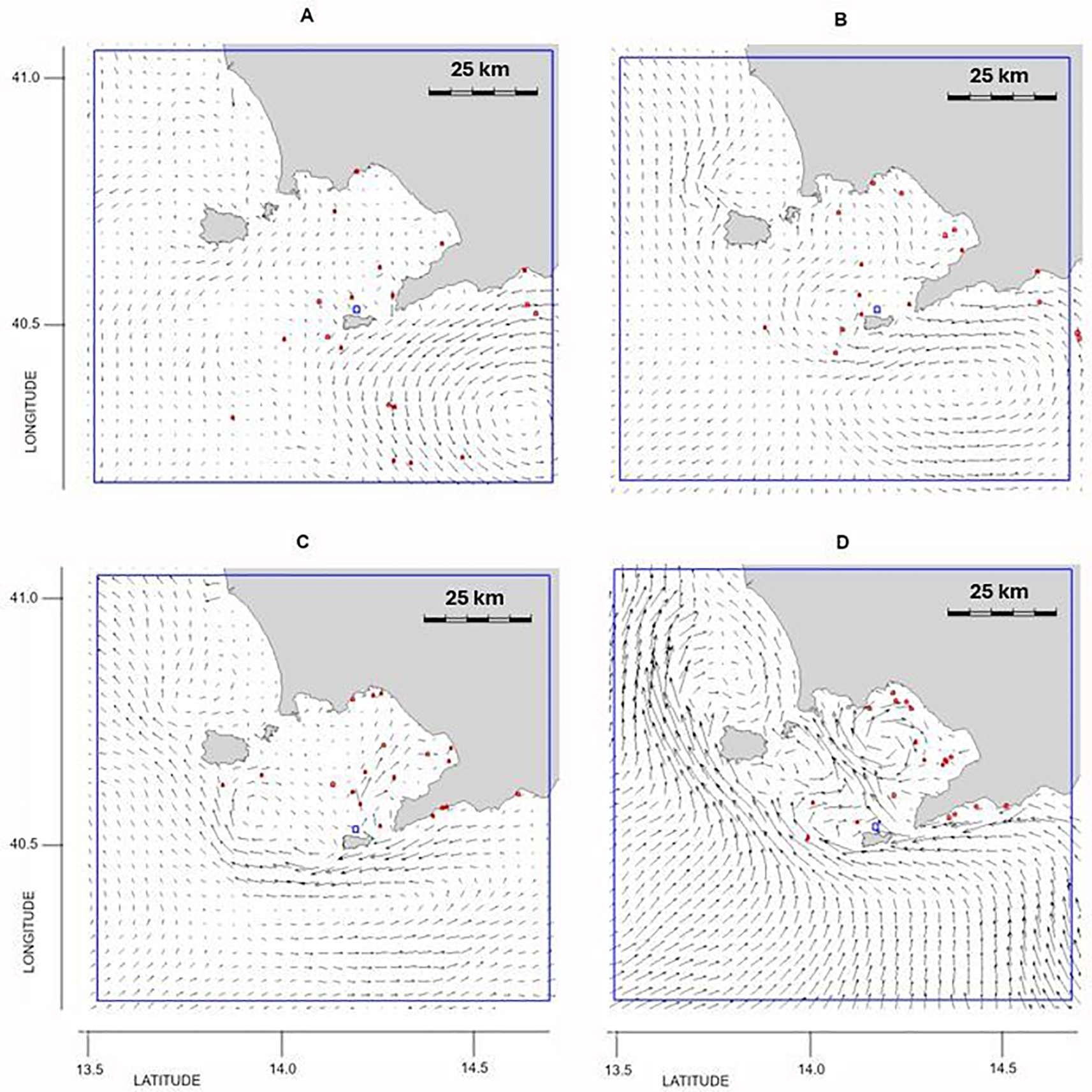 Four-panel map showing regional wind patterns labeled A, B, C, and D. Each panel displays vector arrows indicating wind direction and speed off a coastal area. Scale bar in each panel indicates 25 kilometers.