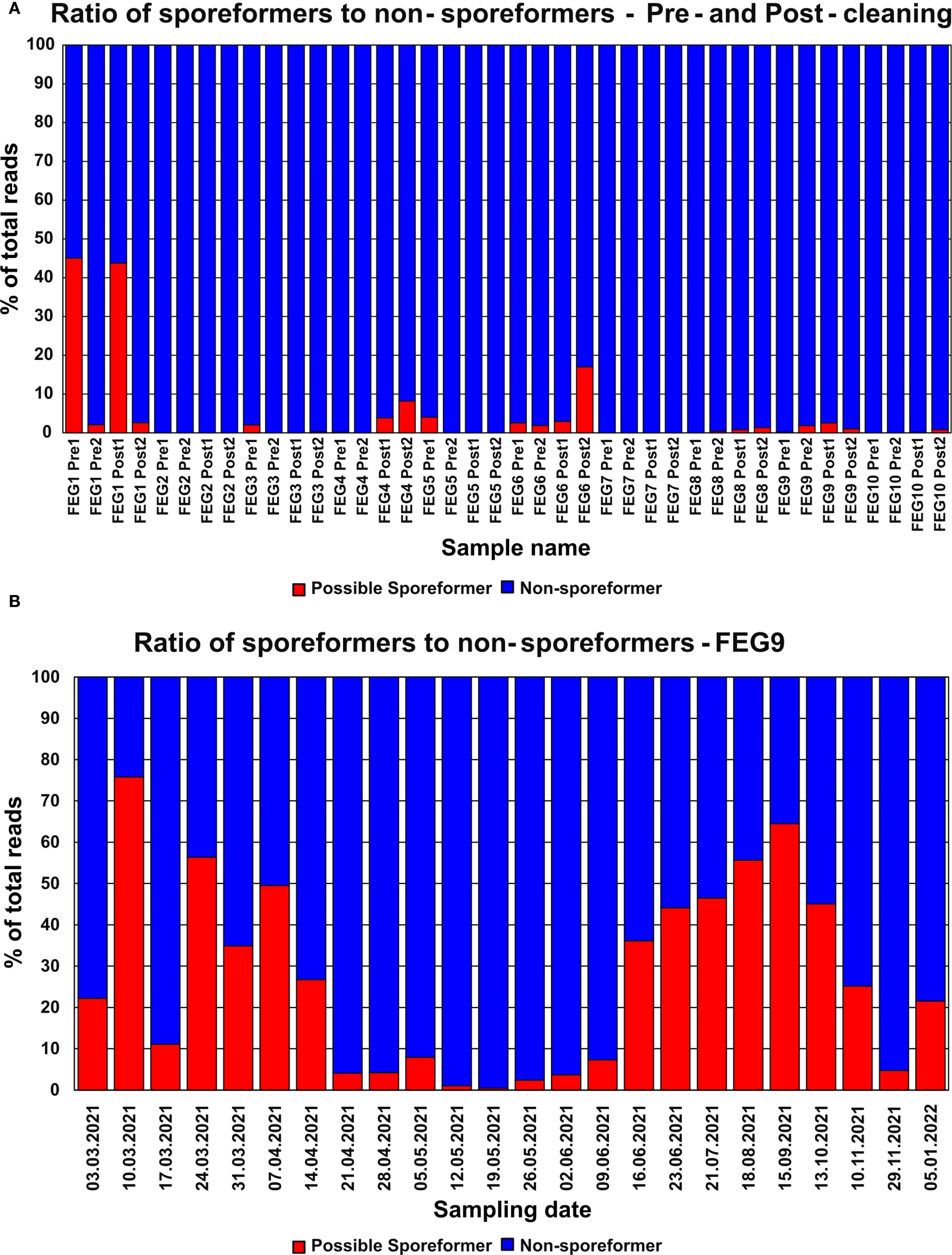Bar charts showing ratios of sporeformers to non-sporeformers. Chart A displays data pre- and post-cleaning across samples, with minimal sporeformers post-cleaning. Chart B illustrates ratio changes in sample FEG9 over time, showing variable sporeformer presence. Red bars represent possible sporeformers and blue bars indicate non-sporeformers.