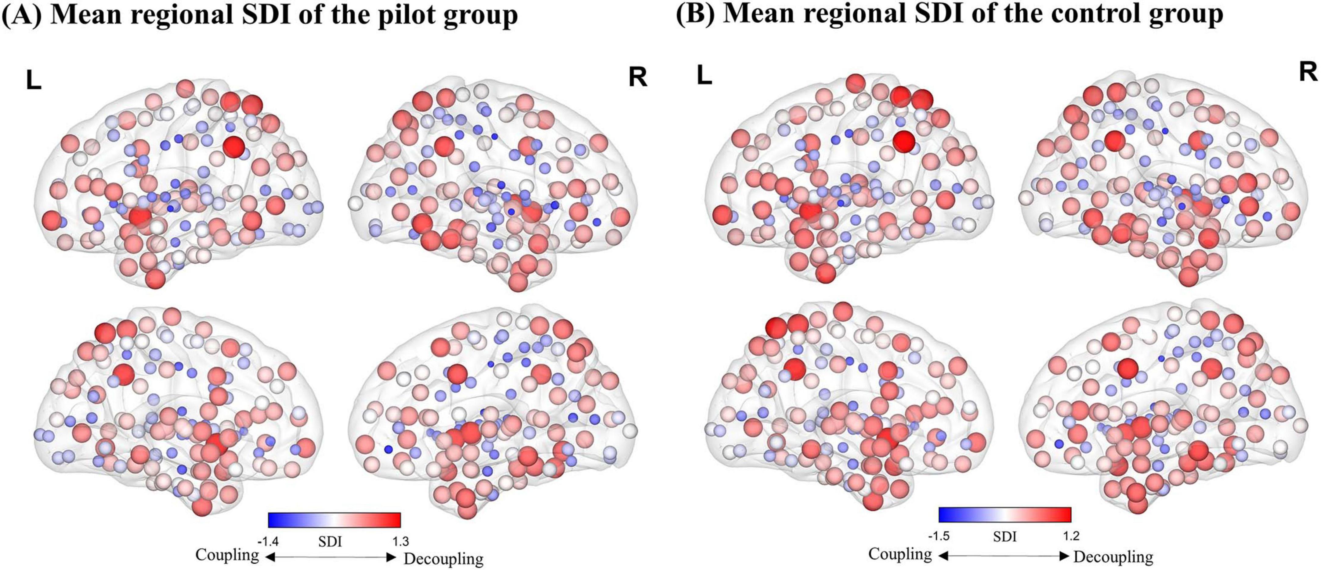 Brain maps visualizing mean regional SDI for pilot and control groups, showing lateral and medial views of left and right hemispheres. Red indicates decoupling, blue indicates coupling. Both groups exhibit varying coupling and decoupling patterns across hemispheres. Legend displays gradation from coupling to decoupling with SDI values ranging from approximately -1.4 to 1.3 for the pilot group and -1.5 to 1.2 for the control group.