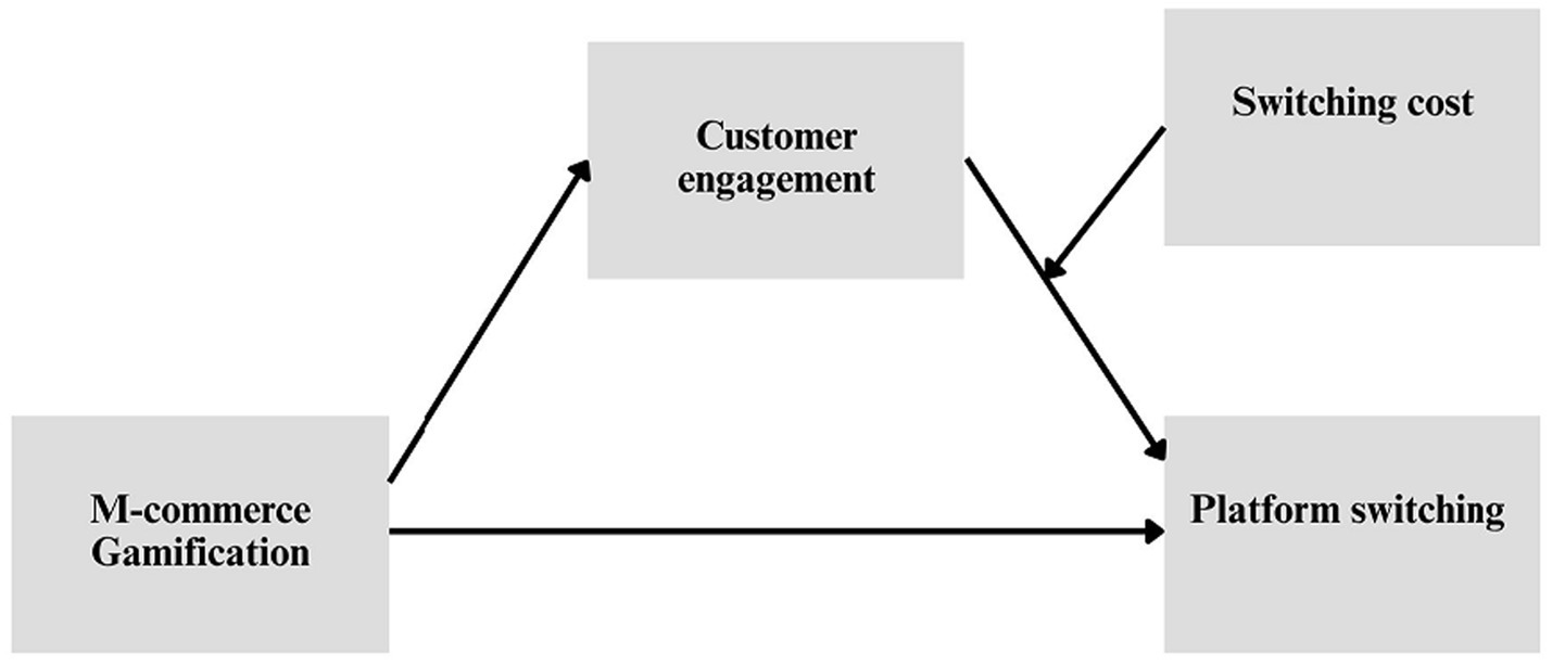 Flow diagram illustrating relationships between four concepts. "M-commerce Gamification" influences "Customer Engagement" and "Platform Switching". "Customer Engagement" affects "Switching Cost", which in turn impacts "Platform Switching". Arrows indicate the direction of influence.