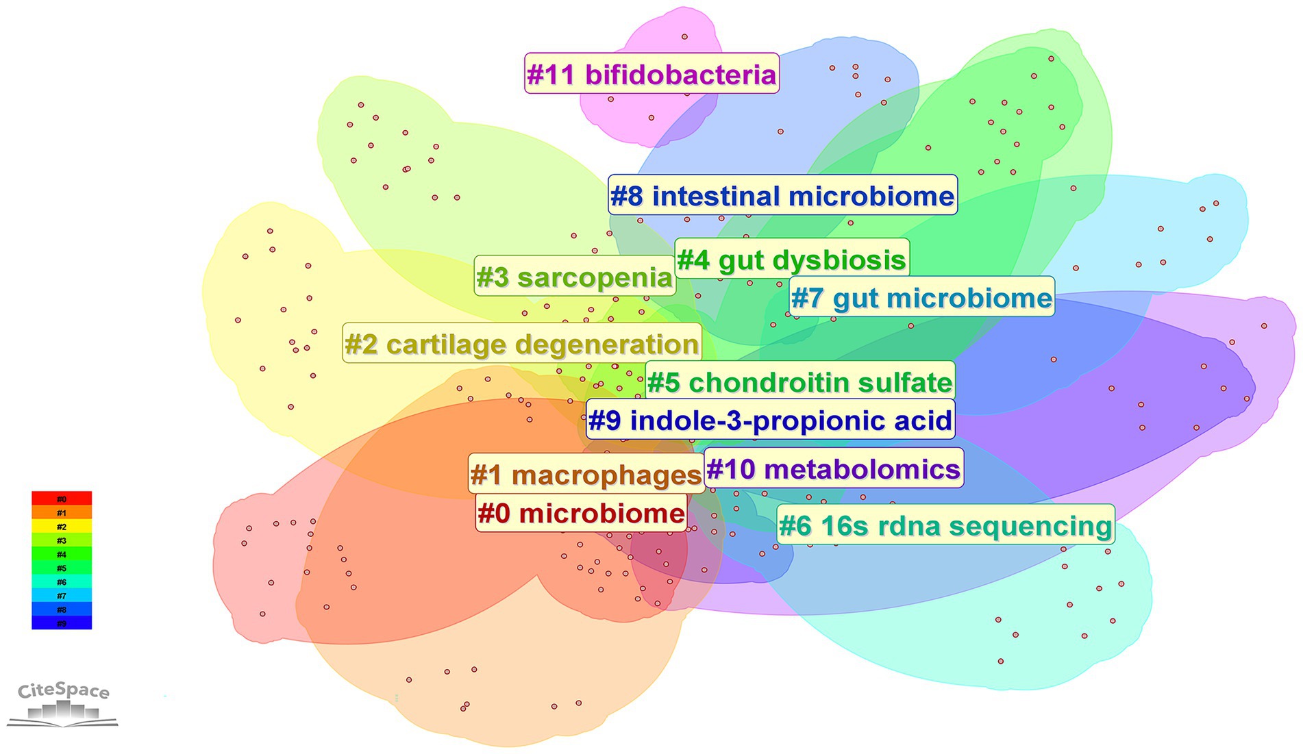 Colorful network visualization of research topics related to the microbiome. Clusters are labeled with topics such as “macrophages,” “cartilage degeneration,” and “intestinal microbiome.” Each cluster is distinctly colored and numbered from zero to eleven, visually representing the connections and relevance between them. A color key on the left indicates the topics by color.