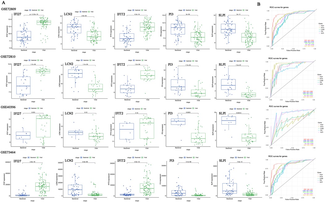 Panel A shows multiple box plots comparing gene expression levels (IFIT2, LCN2, PI3, SLPI) in bacterial versus viral infections across different datasets (GSE72809, GSE72810, GSE40396, GSE73464). Panel B presents ROC curves for these genes, illustrating their predictive performance, with each plot corresponding to a different dataset, displaying true positive rate versus false positive rate.