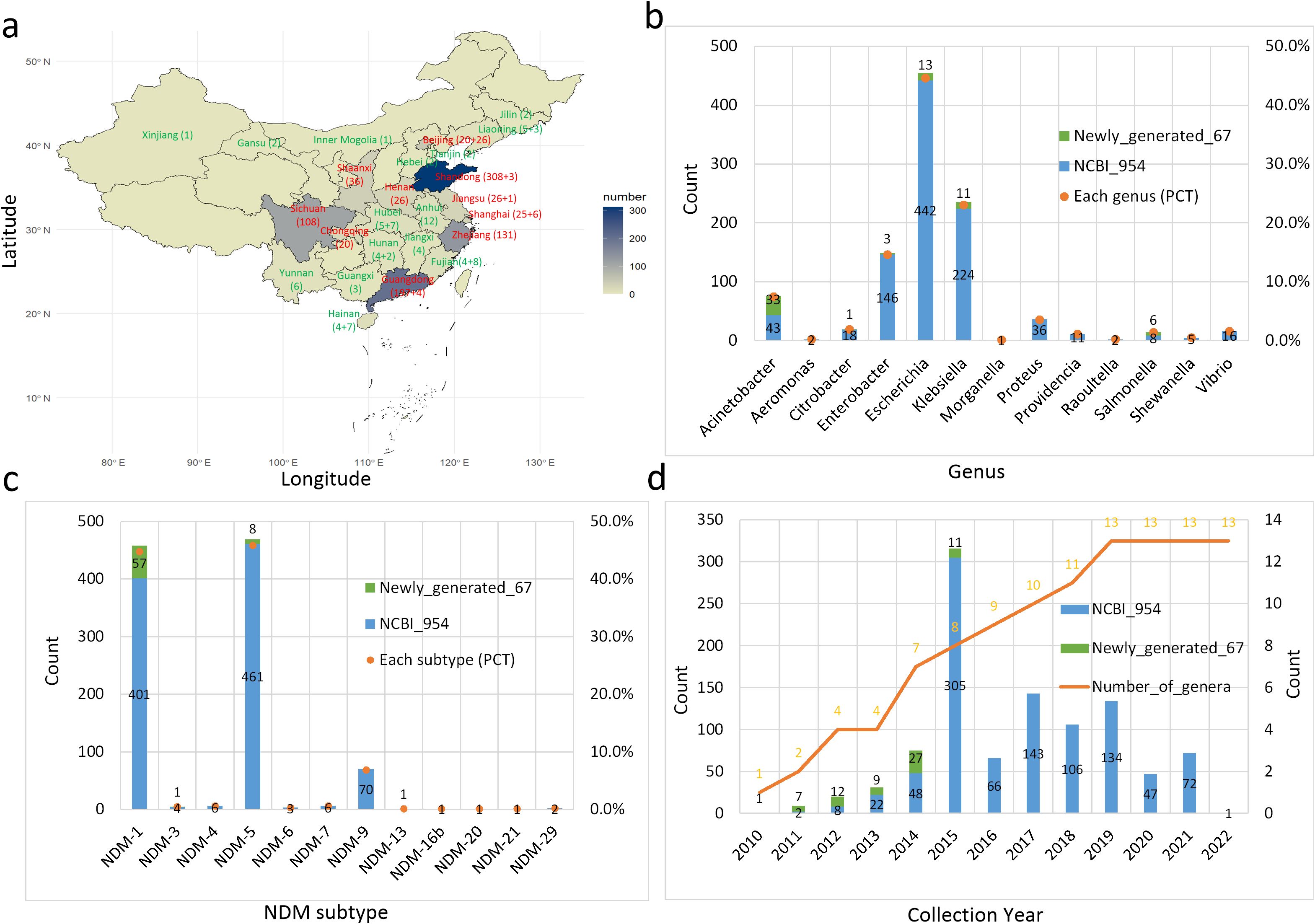 A four-panel figure illustrates geographic and data distribution about bacterial genera and NDM subtypes. Panel (a) shows a map of China with regions labeled by bacterial count, using a color gradient. Panel (b) is a bar chart displaying counts of different genera, highlighting “Newly_generated_67” and “NCBI_954” with percentages. Panel (c) presents a bar chart of NDM subtypes, showing different counts and percentages. Panel (d) depicts a timeline bar chart from 2010 to 2022, indicating changes in collection year, highlighting “NCBI_954,” “Newly_generated_67,” and number of genera over time.